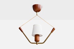 Schwedischer Designer, Pendelleuchte, Messing, Teakholz, Stoff, Schweden, 1950er Jahre