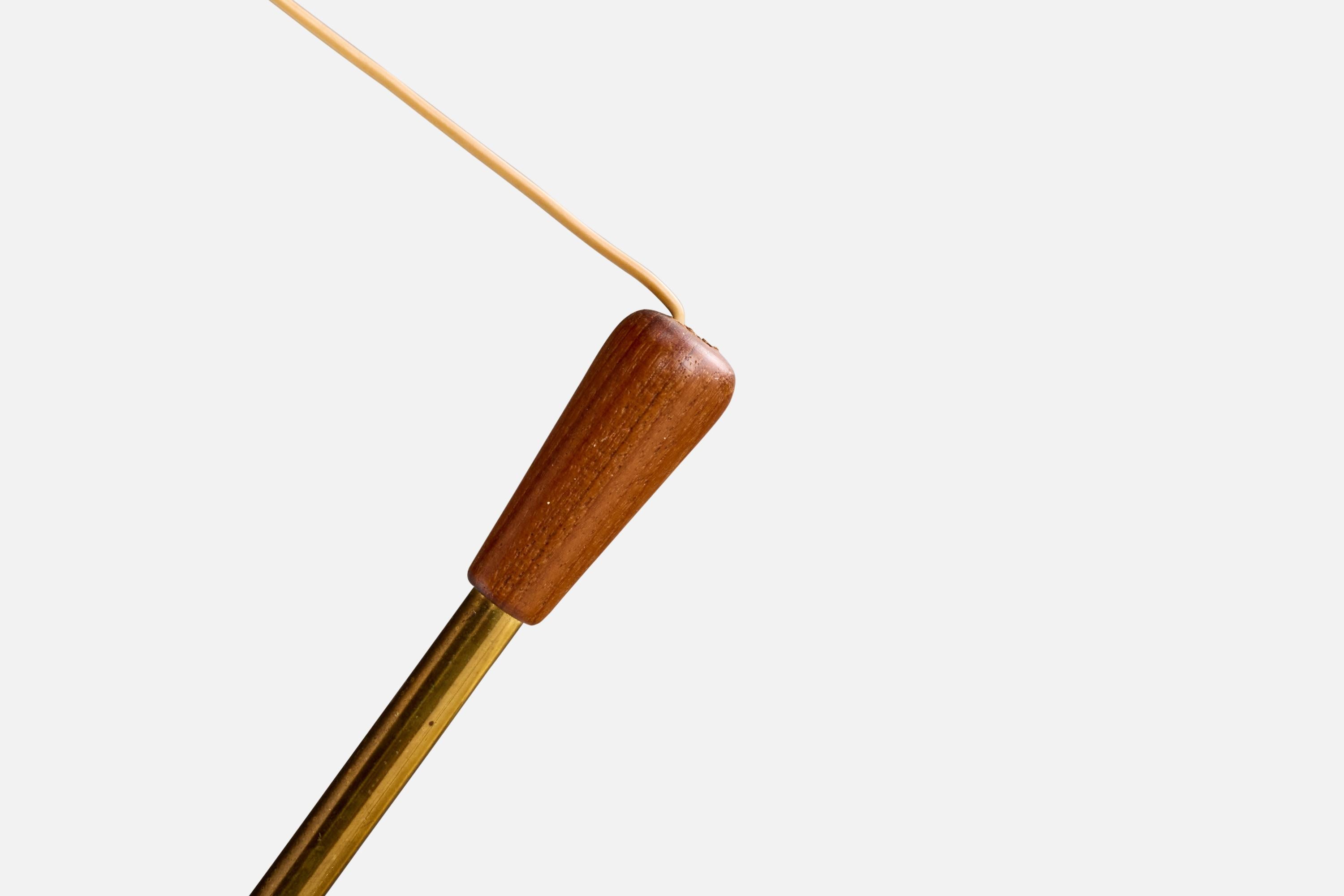 Schwedischer Designer, Pendelleuchte, Messing, Teakholz, Stoff, Schweden, 1950er Jahre im Angebot 3