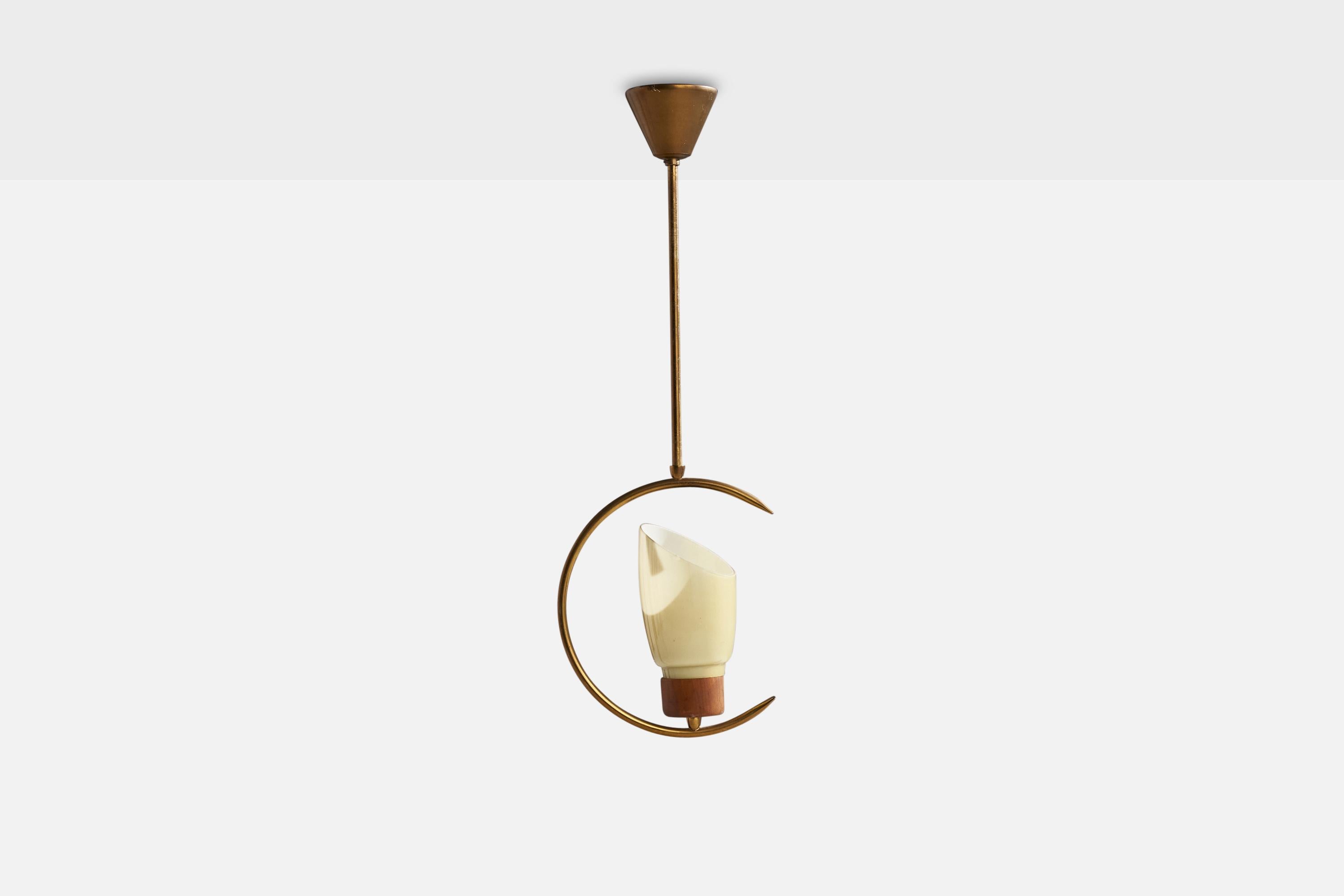 A brass, teak and off-white glass pendant designed and produced in Sweden, 1950s.

Dimensions of canopy (inches): 2.75” H x 3.25” Diameter

Socket takes standard E-26 bulbs. 1 socket.There is no maximum wattage stated on the fixture. All lighting