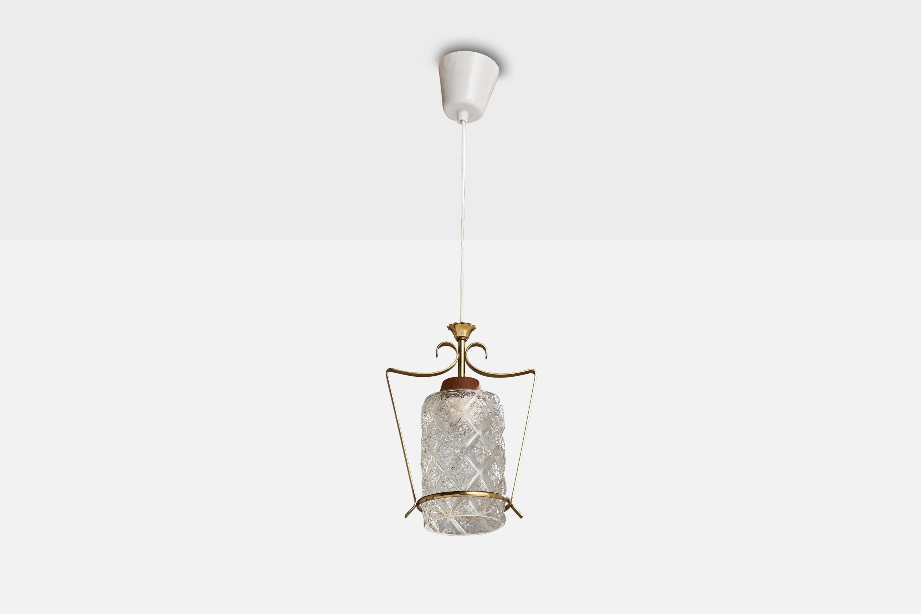 A brass, teak and glass pendant light designed and produced in Sweden, c. 1950s.

Overall Dimensions (inches): 24.25” H x 7.75 ” Diameter
Dimensions of Canopy: 3.5  ” H x 3.375 ” D
Cord length: 11.625 ”H
Bulb Specifications: E-26  Bulbs
Number of