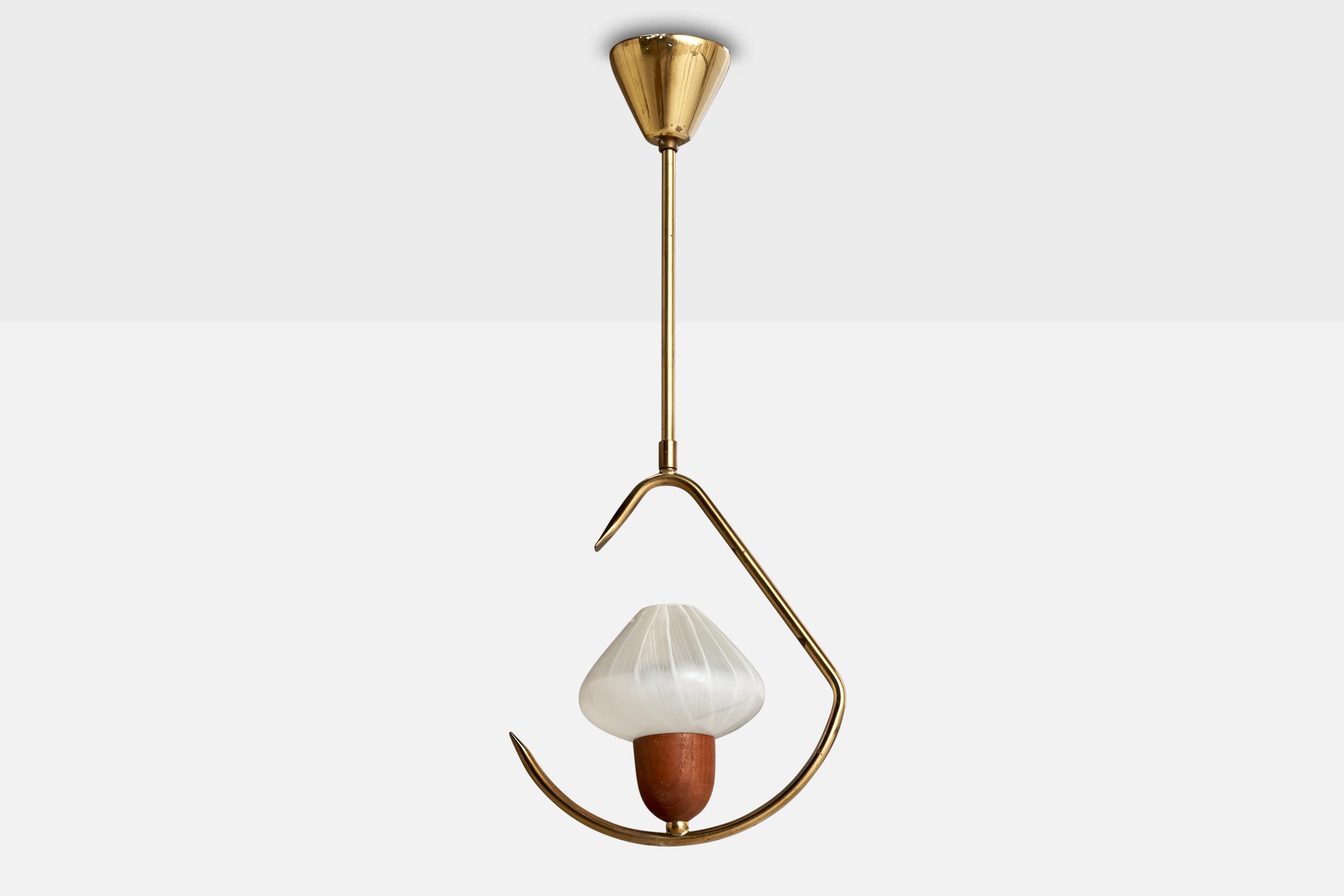 A brass, teak and glass pendant light designed and produced in Sweden, c. 1950s.

Overall Dimensions (inches): 23.125” H x  9.125” Diameter
Dimensions of Canopy:  3” H x 3.375” W x 3.375” D
Stem length: 9.5”H
Bulb Specifications: E-14 Bulbs
Number