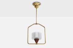 Swedish Designer, Pendant Light, Brass, Teak, Glass, Sweden, 1950s