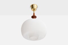 Swedish Designer, Pendant Light, Brass, Teak, Glass, Sweden, 1950s