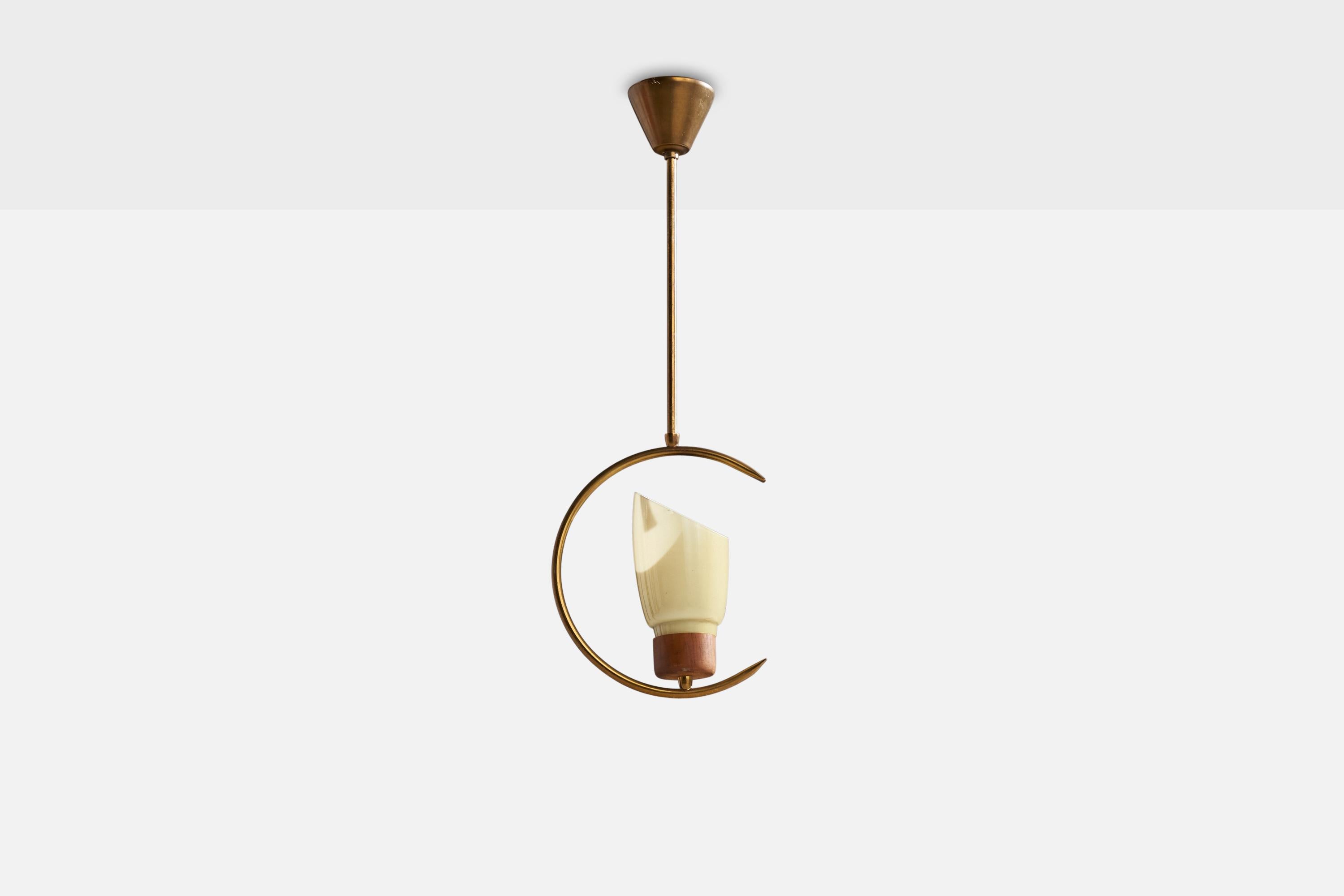 Mid-Century Modern Swedish Designer, Pendant Light, Brass, Teak, Glass, Sweden, 1950s For Sale