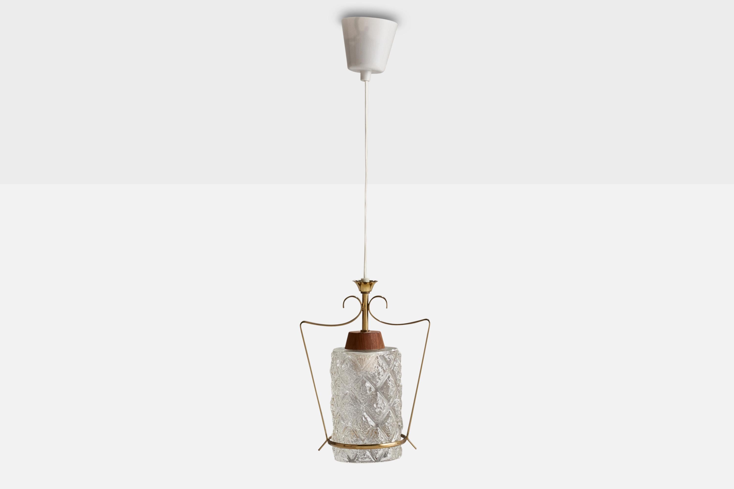 Swedish Designer, Pendant Light, Brass, Teak, Glass, Sweden, 1950s In Good Condition For Sale In High Point, NC