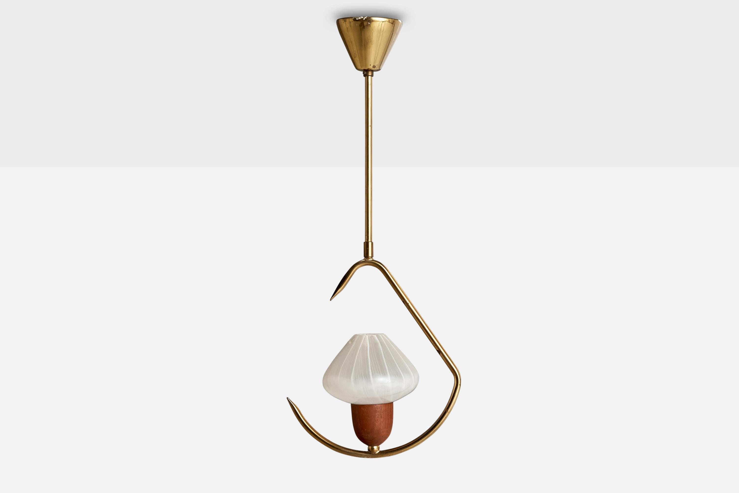 Scandinavian Modern Swedish Designer, Pendant Light, Brass, Teak, Glass, Sweden, 1950s For Sale