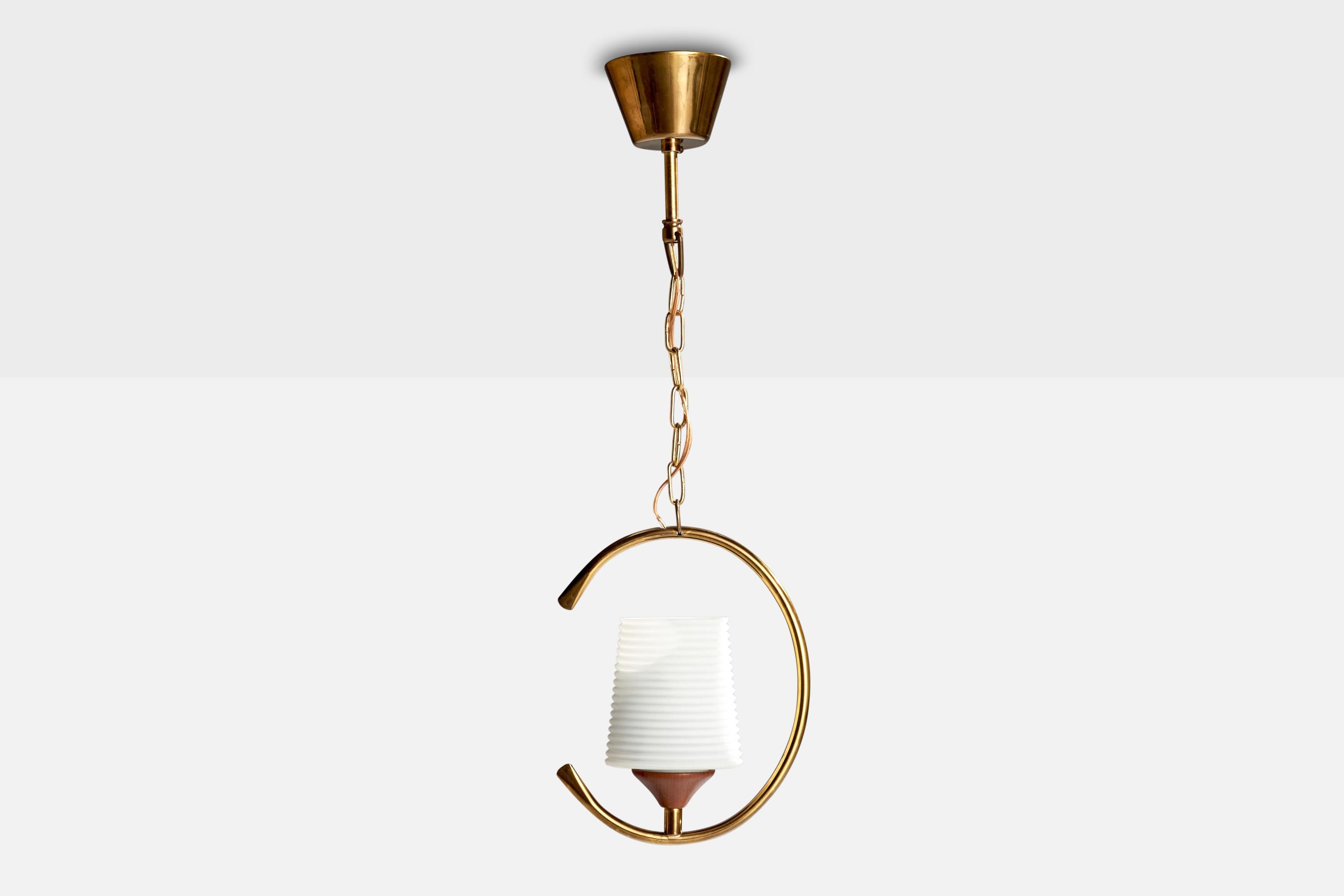 Scandinavian Modern Swedish Designer, Pendant Light, Brass, Teak, Glass, Sweden, 1950s For Sale