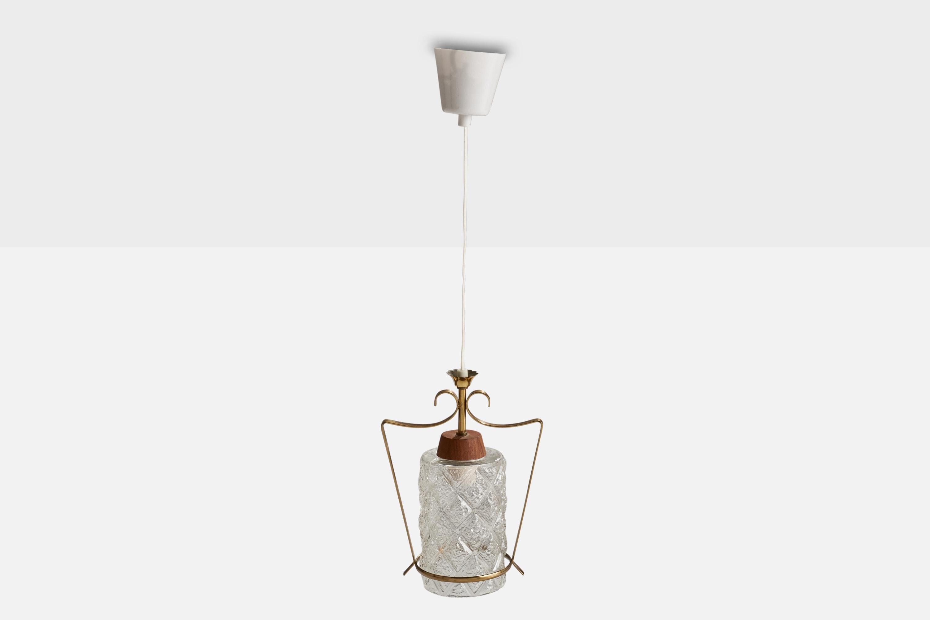 Mid-20th Century Swedish Designer, Pendant Light, Brass, Teak, Glass, Sweden, 1950s For Sale