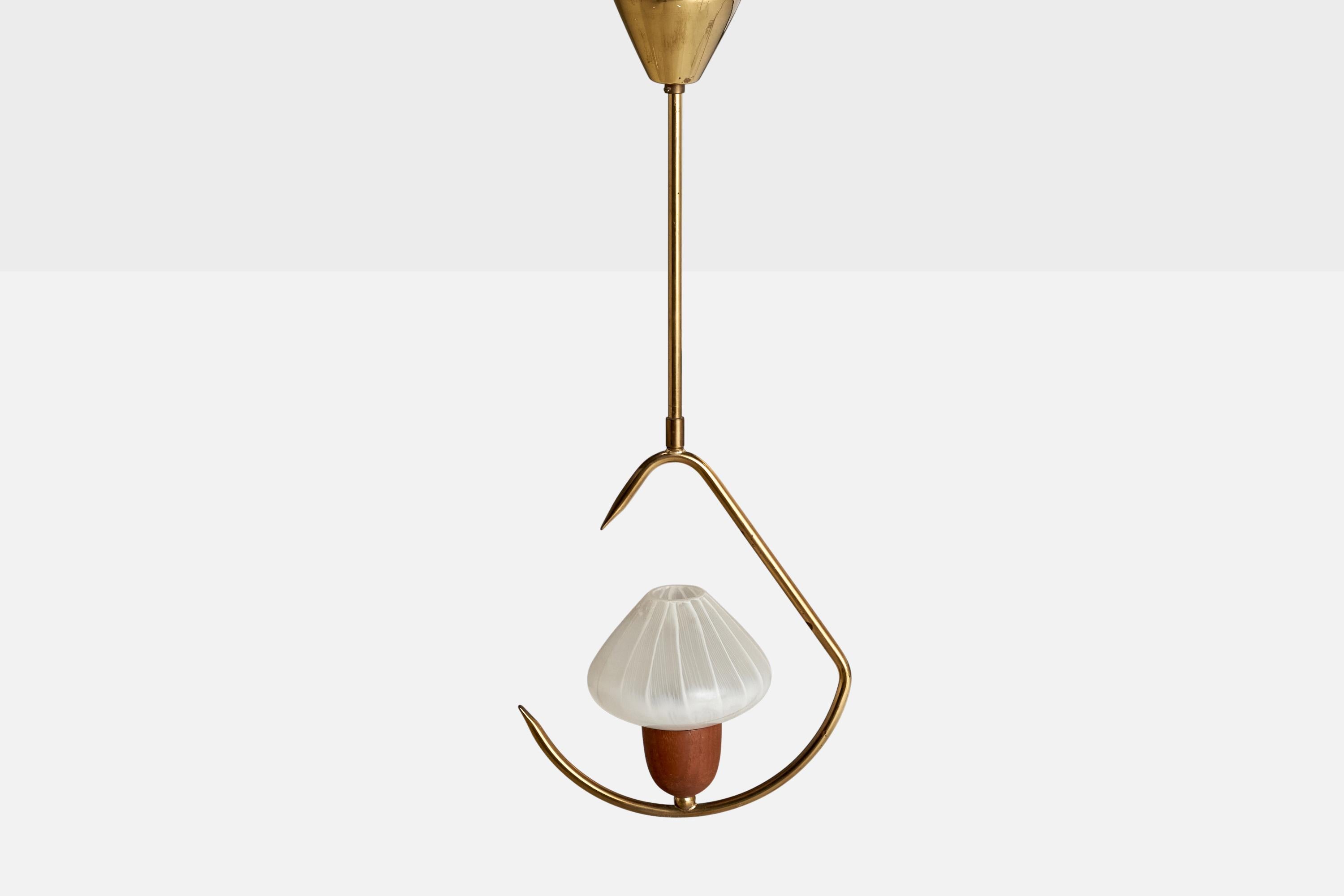 Swedish Designer, Pendant Light, Brass, Teak, Glass, Sweden, 1950s In Good Condition For Sale In High Point, NC