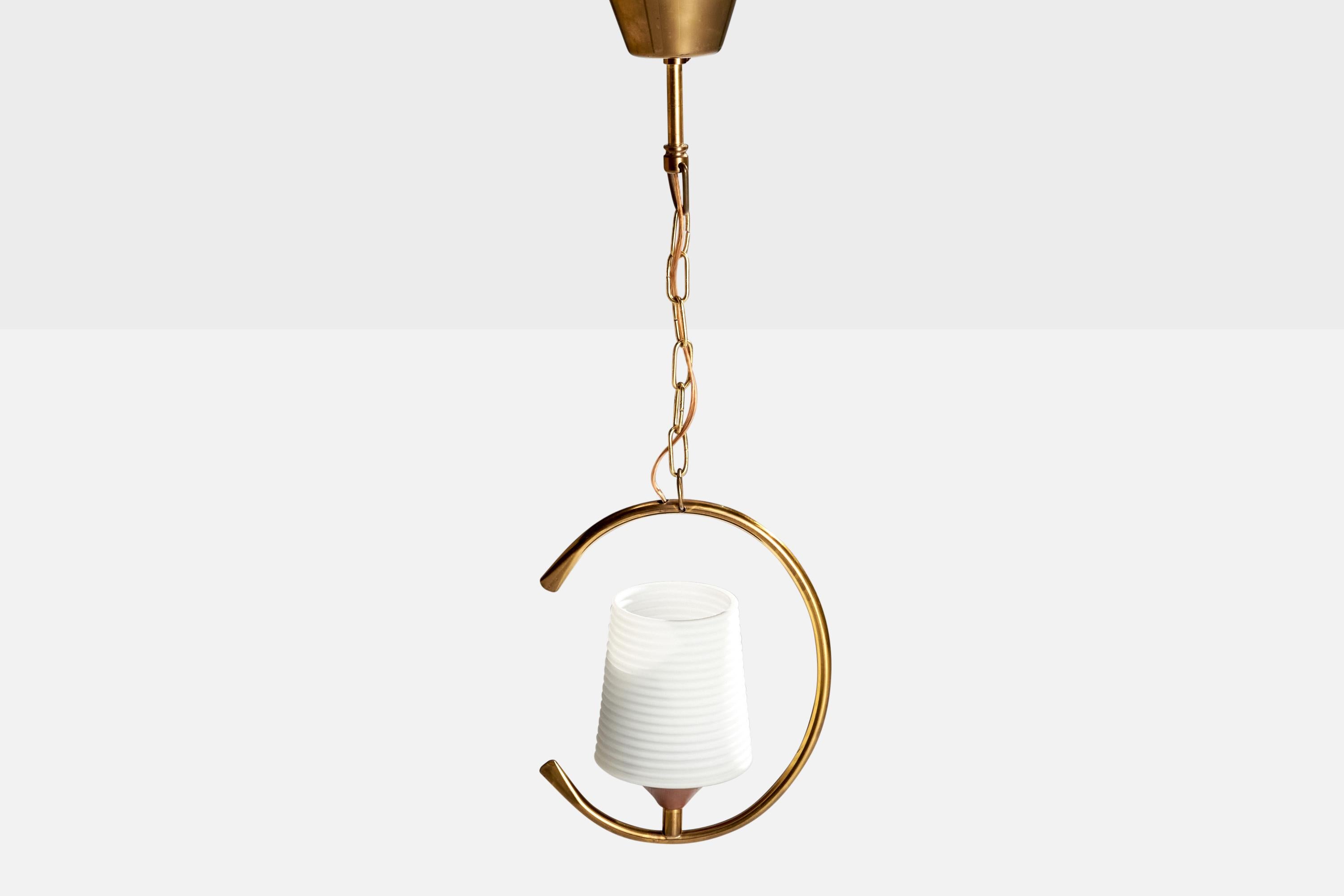 Swedish Designer, Pendant Light, Brass, Teak, Glass, Sweden, 1950s In Good Condition For Sale In High Point, NC