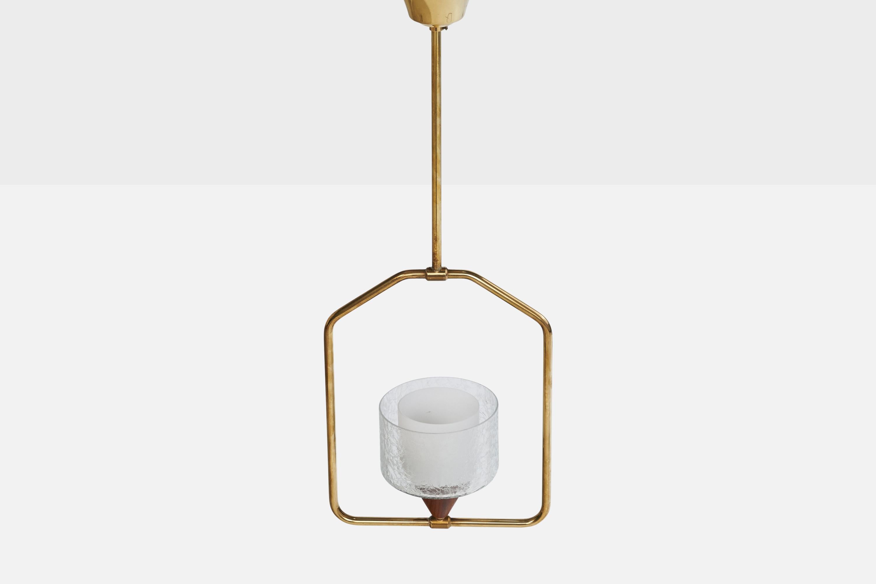 Svedese Lampada a sospensione di design svedese, ottone, teak, vetro, Svezia, anni '50 in vendita