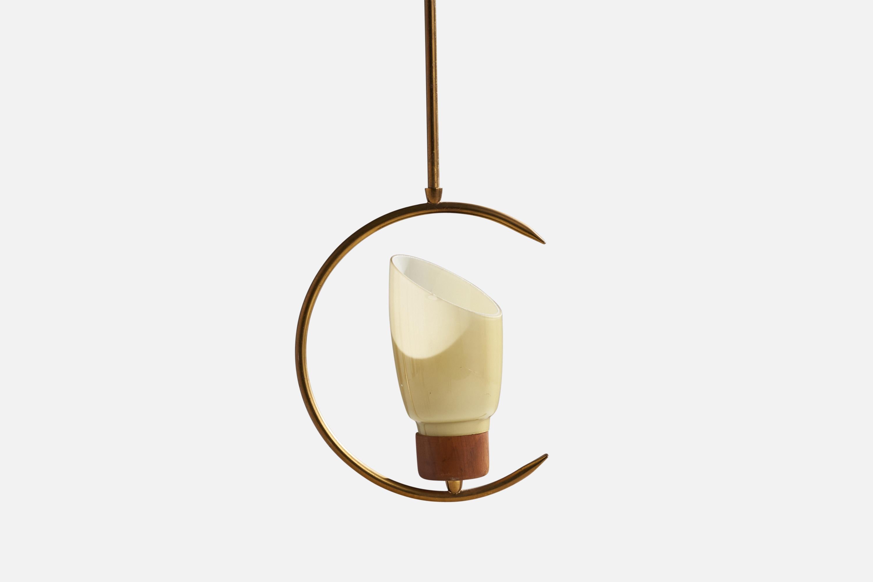 Mid-20th Century Swedish Designer, Pendant Light, Brass, Teak, Glass, Sweden, 1950s For Sale