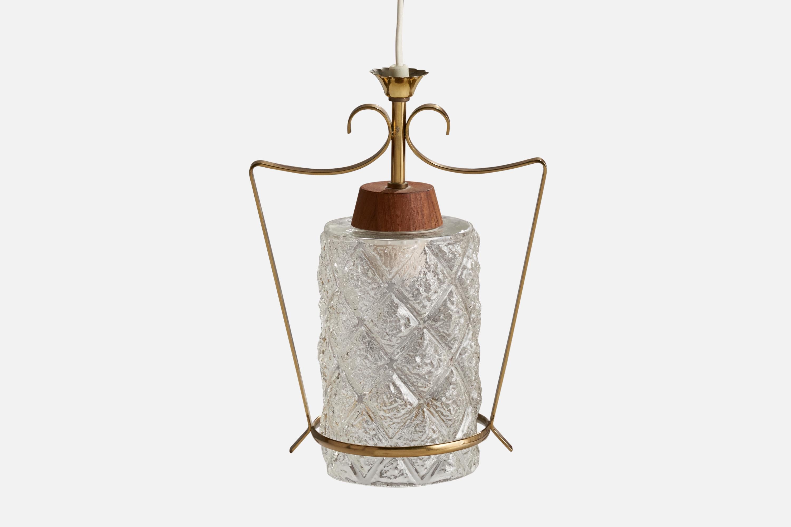 Swedish Designer, Pendant Light, Brass, Teak, Glass, Sweden, 1950s For Sale 1