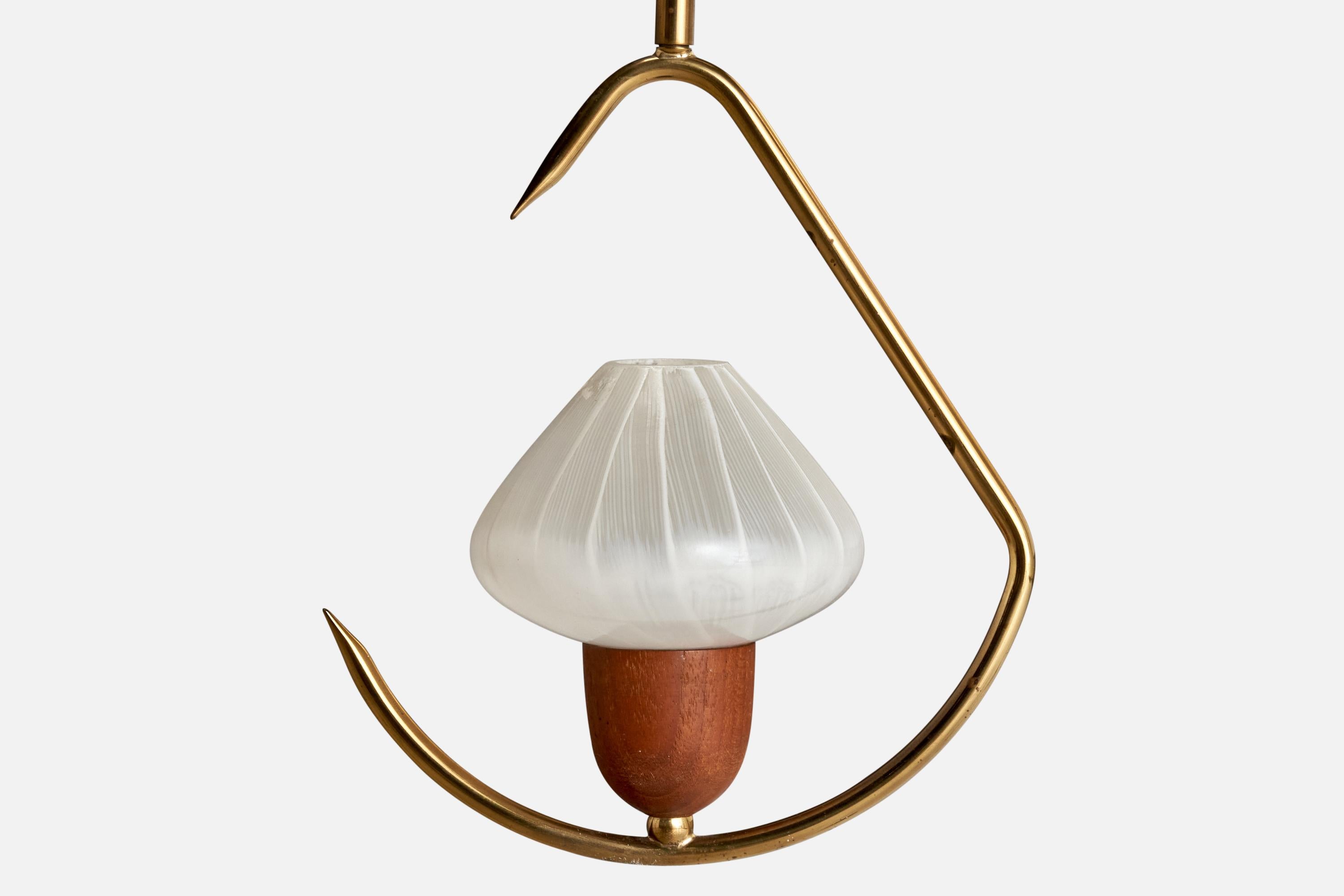 Mid-20th Century Swedish Designer, Pendant Light, Brass, Teak, Glass, Sweden, 1950s For Sale