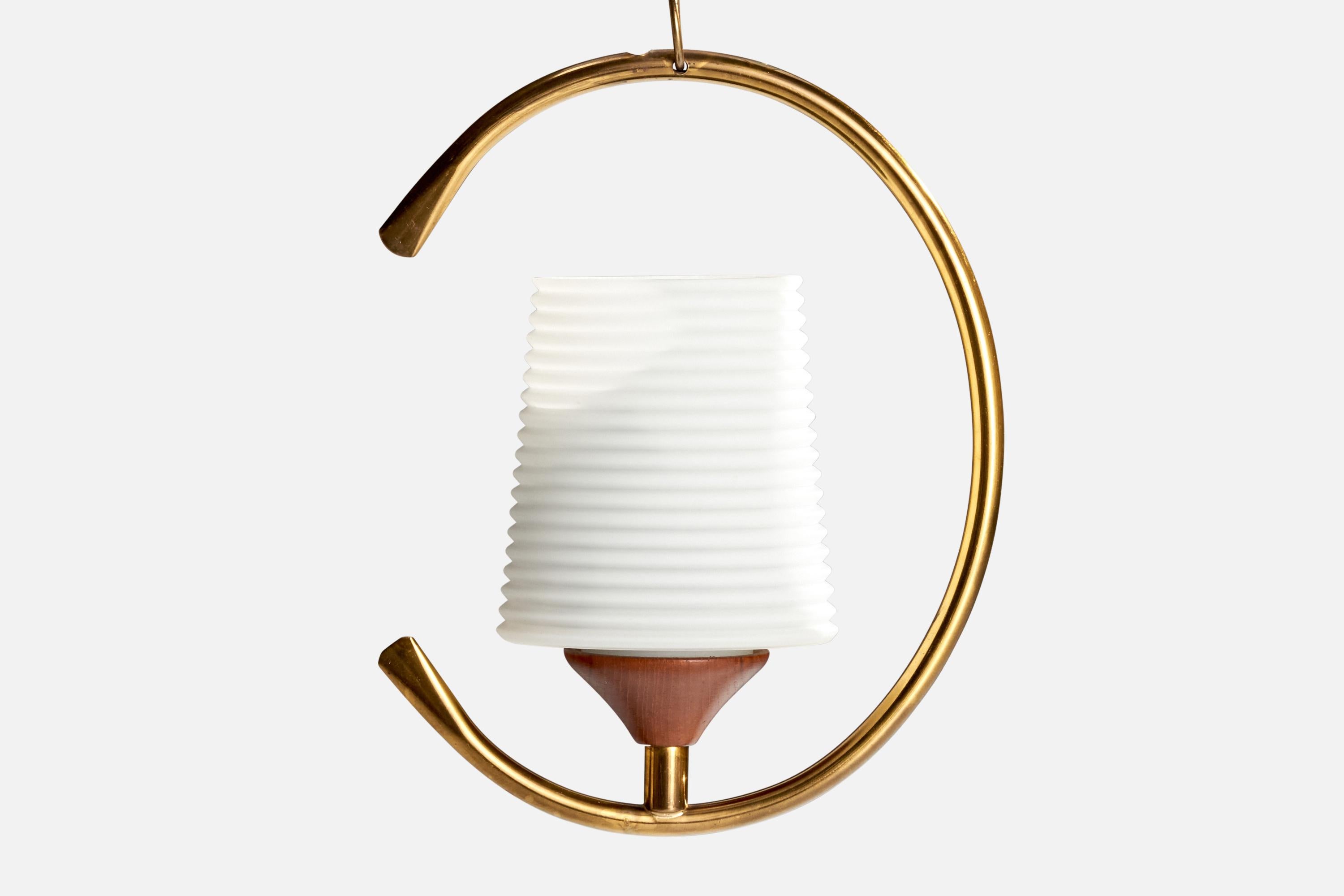 Mid-20th Century Swedish Designer, Pendant Light, Brass, Teak, Glass, Sweden, 1950s For Sale