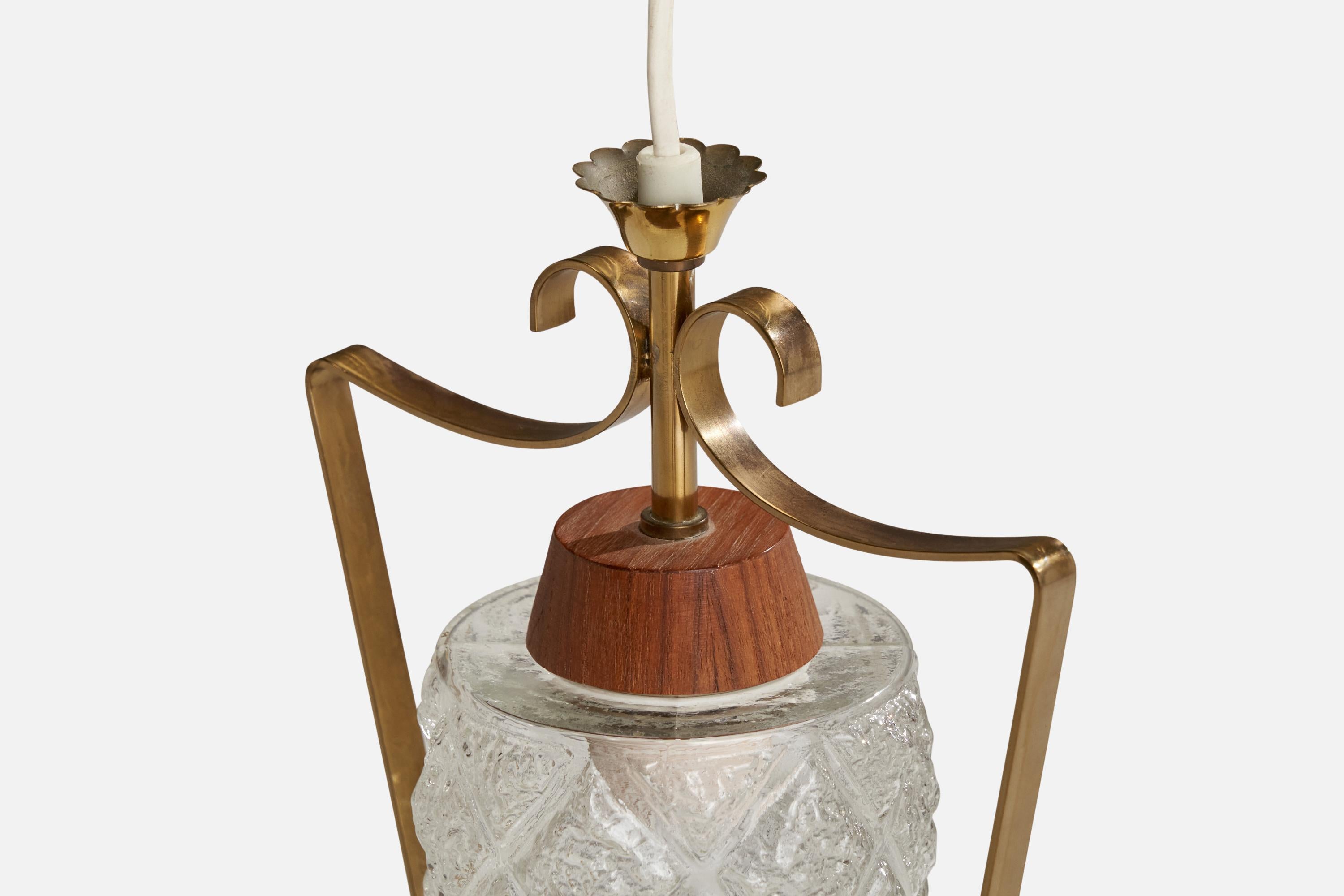 Swedish Designer, Pendant Light, Brass, Teak, Glass, Sweden, 1950s For Sale 2