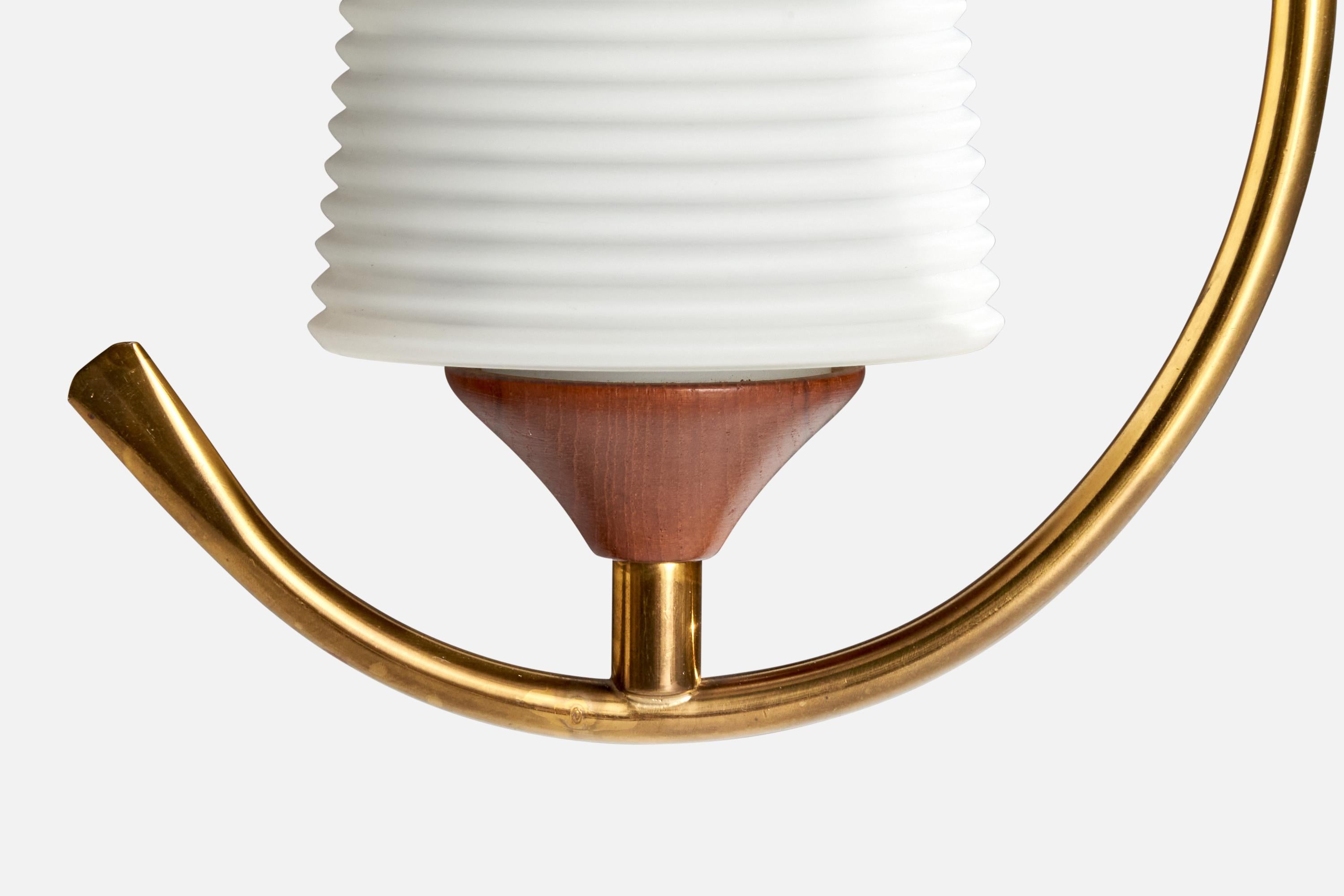 Swedish Designer, Pendant Light, Brass, Teak, Glass, Sweden, 1950s For Sale 1