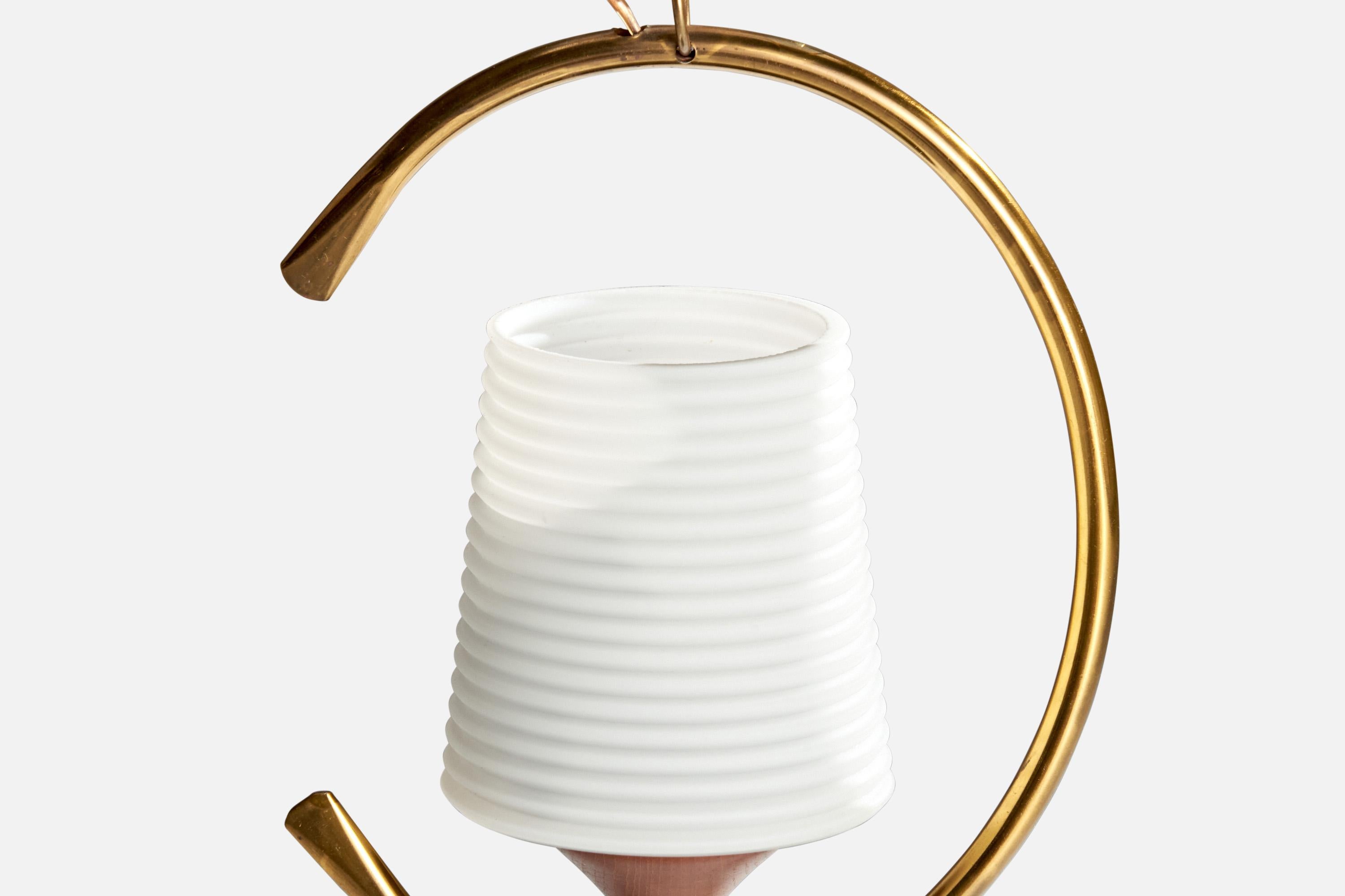 Swedish Designer, Pendant Light, Brass, Teak, Glass, Sweden, 1950s For Sale 2