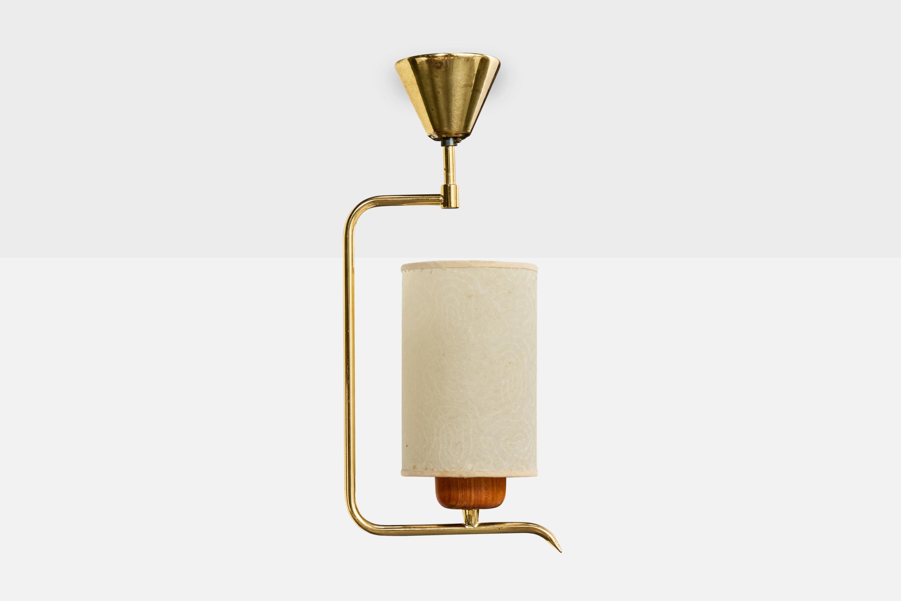 Mid-Century moderno Lampada a sospensione di design svedese, ottone, teak, pergamena, Svezia, anni '50 in vendita