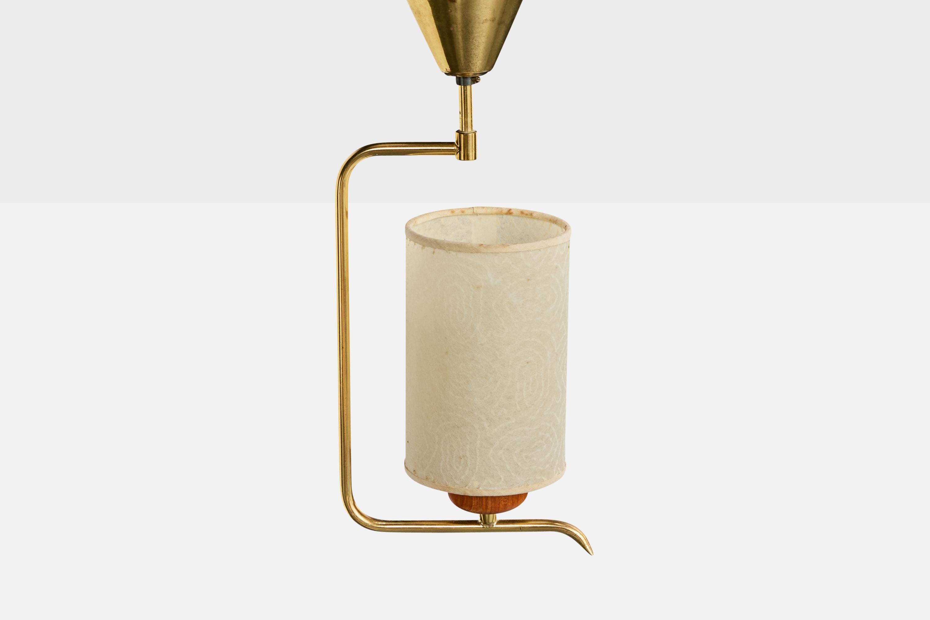 Svedese Lampada a sospensione di design svedese, ottone, teak, pergamena, Svezia, anni '50 in vendita