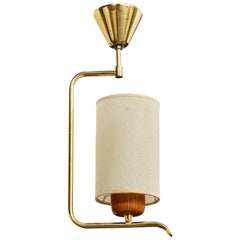 Swedish Designer, Pendant Light, Brass, Teak, Parchment, Sweden, 1950s