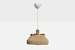 Schwedischer Designer, Pendelleuchte, Messing, Holz, Stoff, Acryl, Schweden, 1970er Jahre