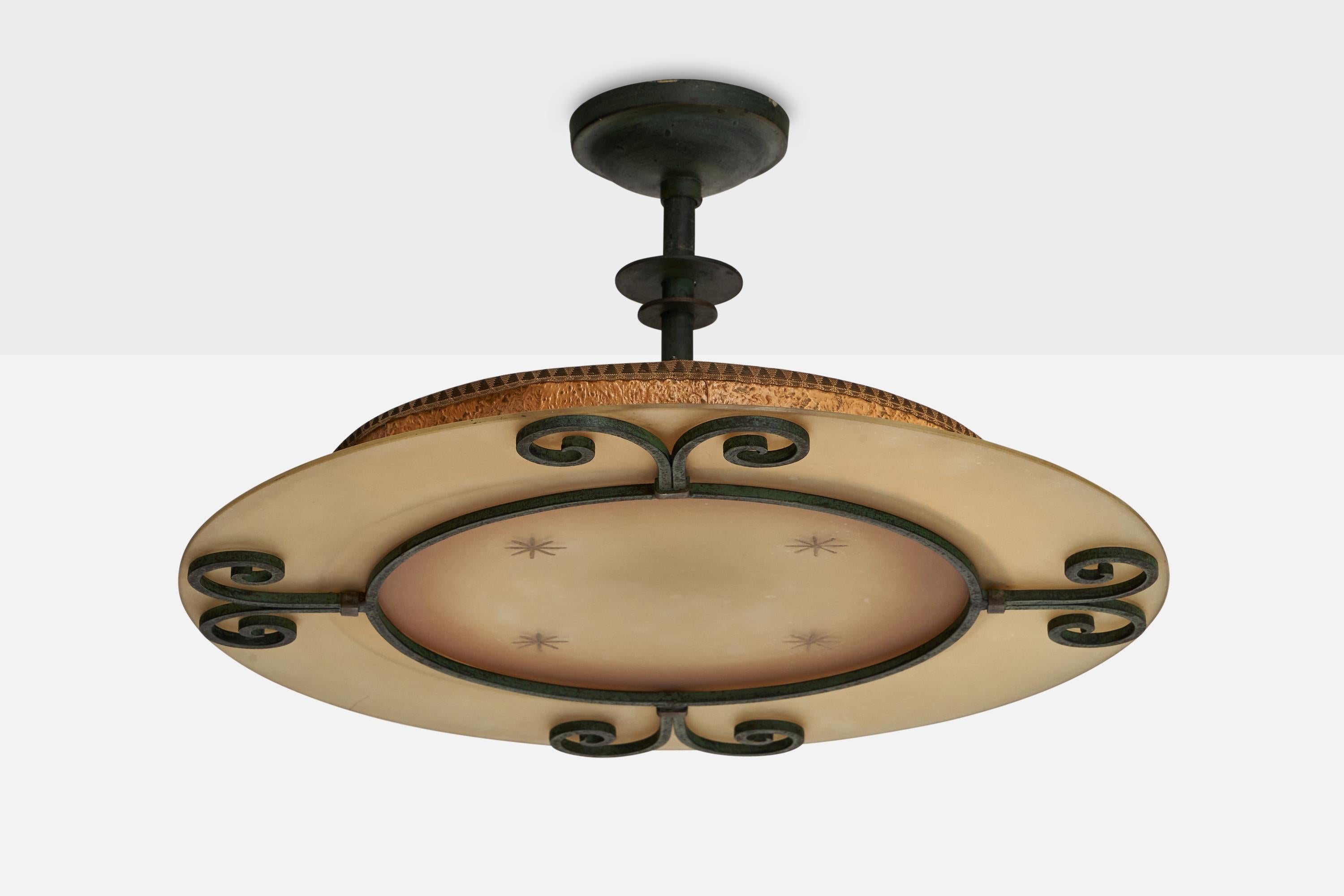 A cast-iron, glass and parchment paper pendant light designed and produced in Sweden, 1930s.

Dimensions of canopy (inches): 2.1” H x 5.45” Diameter
Socket takes standard E-26 bulbs. 4 sockets.There is no maximum wattage stated on the fixture. All
