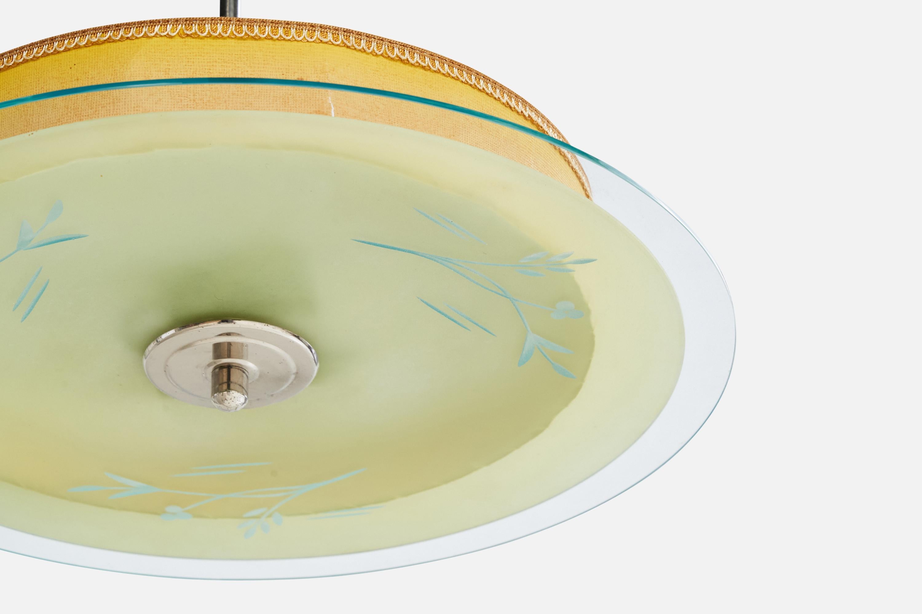 Metà XX secolo Designer svedese, lampada a sospensione, cromo, vetro, pergamena, Svezia, anni '30 in vendita