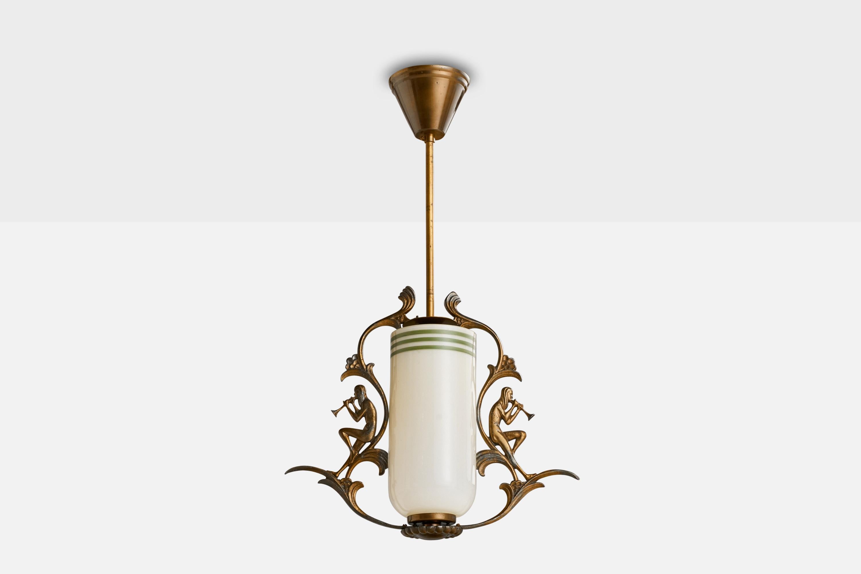 A copper and green-painted opaline glass pendant light designed and produced in Sweden, 1930s.

Dimensions of canopy (inches): 2.75”  H x 4” Diameter
Socket takes standard E-26 bulbs. 1 socket.There is no maximum wattage stated on the fixture. All