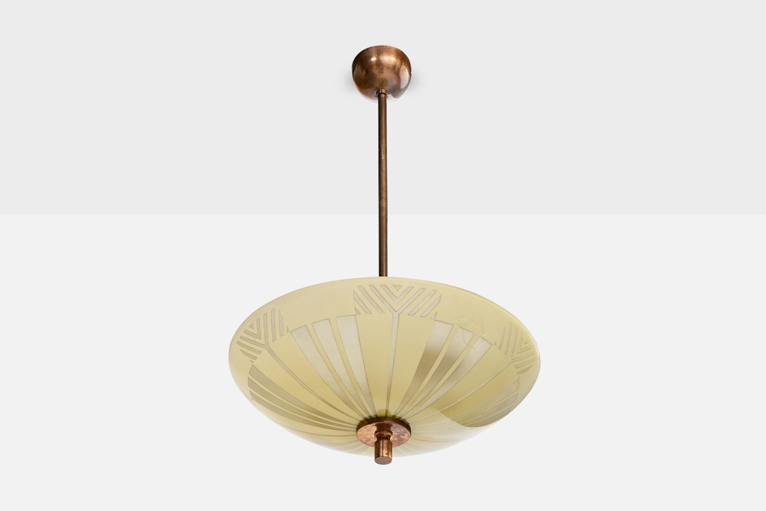 Lampada a sospensione in rame e vetro giallo acidato progettata e prodotta in Svezia, anni '40 circa.

Dimensioni (pollici): 27,0 