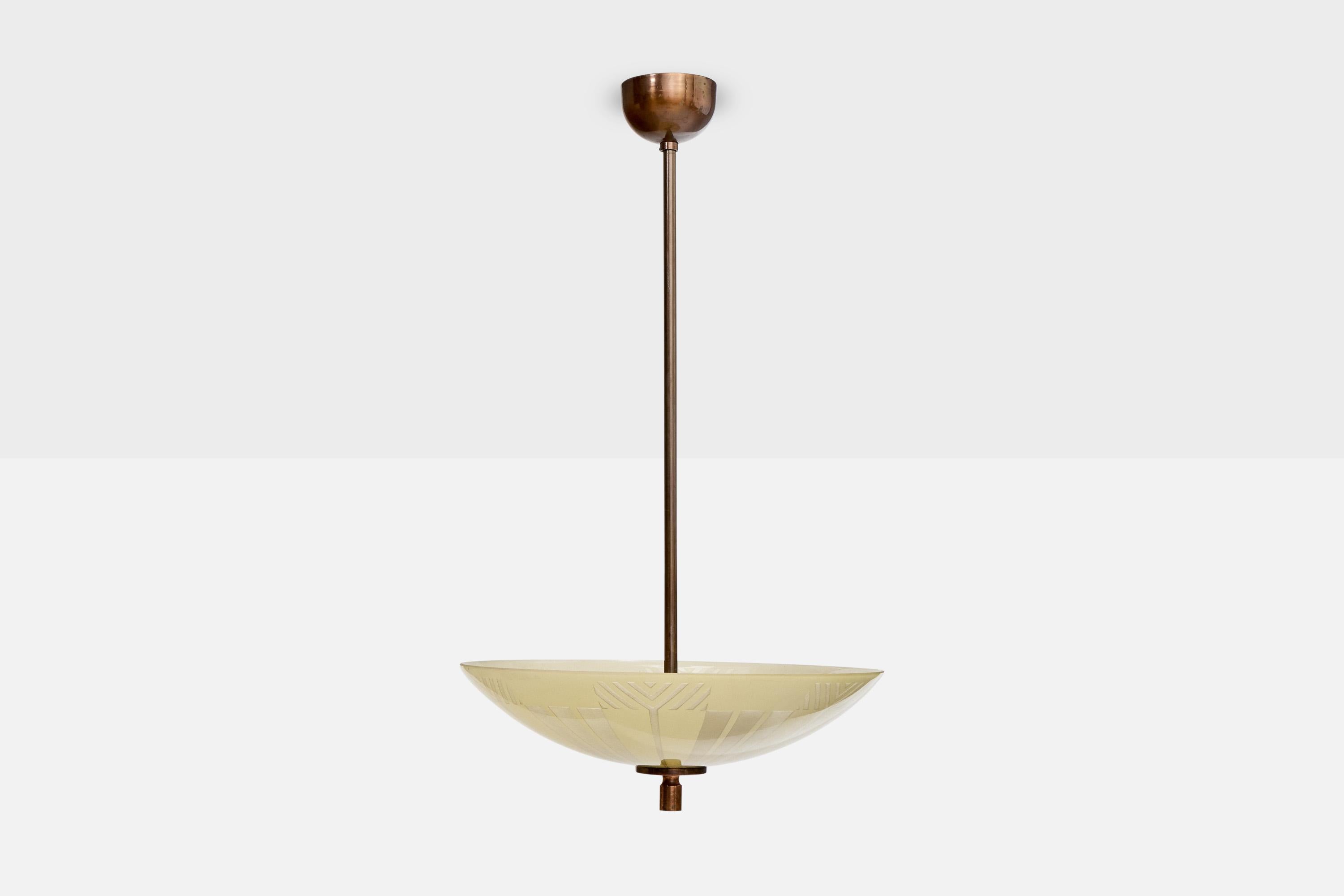 Scandinavo moderno Designer svedese, lampada a sospensione, rame, vetro, Svezia, anni '1940 in vendita