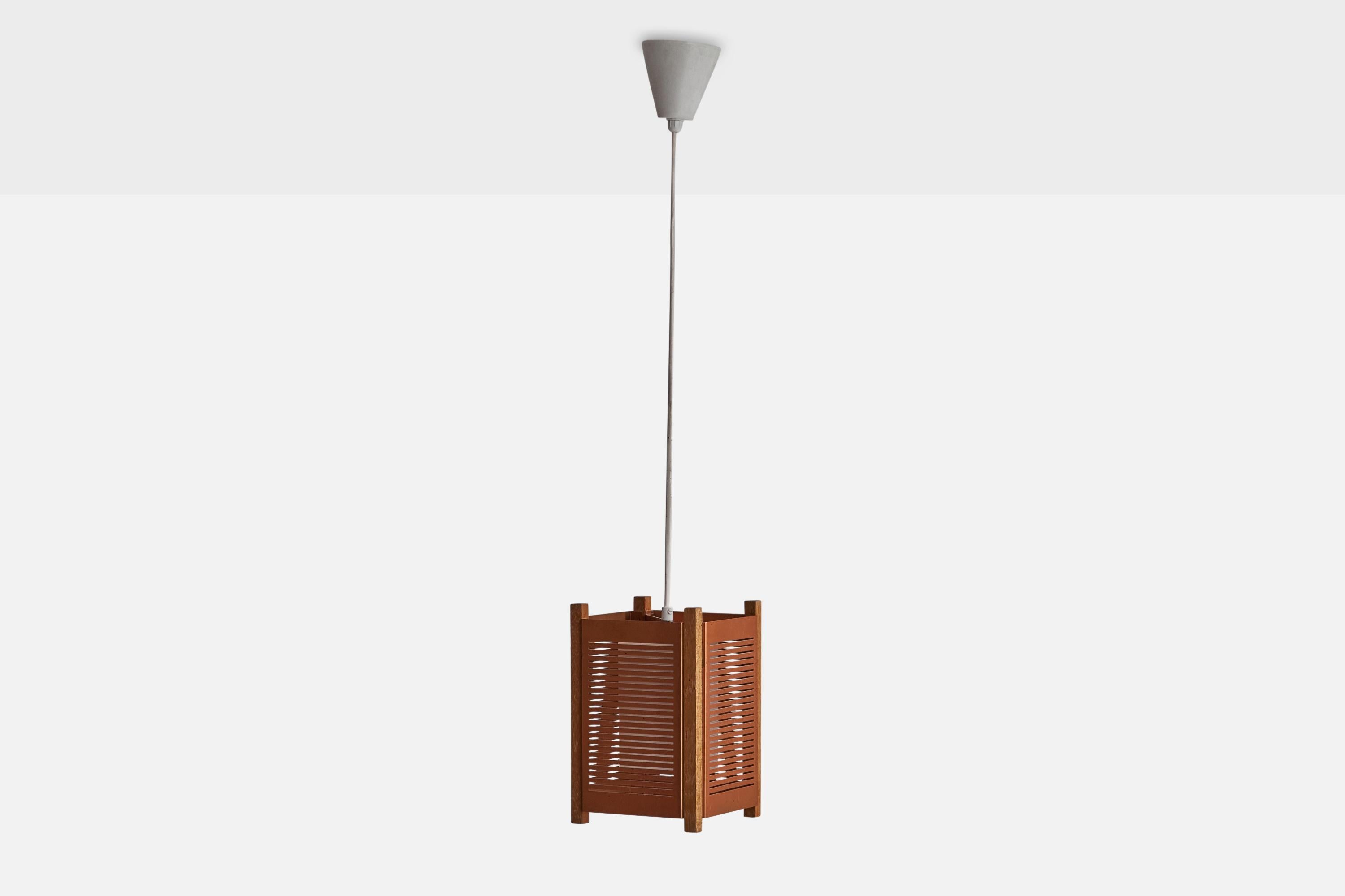 A copper, oak and opaline glass pendant light designed and produced in Sweden, 1950s.

Dimensions of canopy (inches): 3.75” H x 3.5” Diameter
Socket takes standard E-26 bulbs. 1 socket.There is no maximum wattage stated on the fixture. All lighting