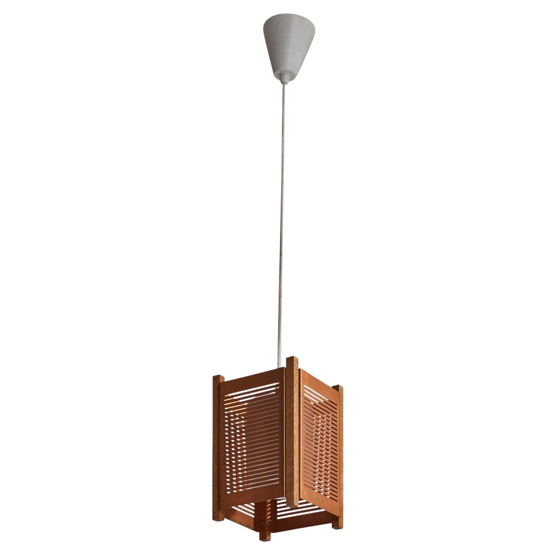 Swedish Designer, Pendant Light, Copper, Oak, Glass, Sweden, 1950s For Sale