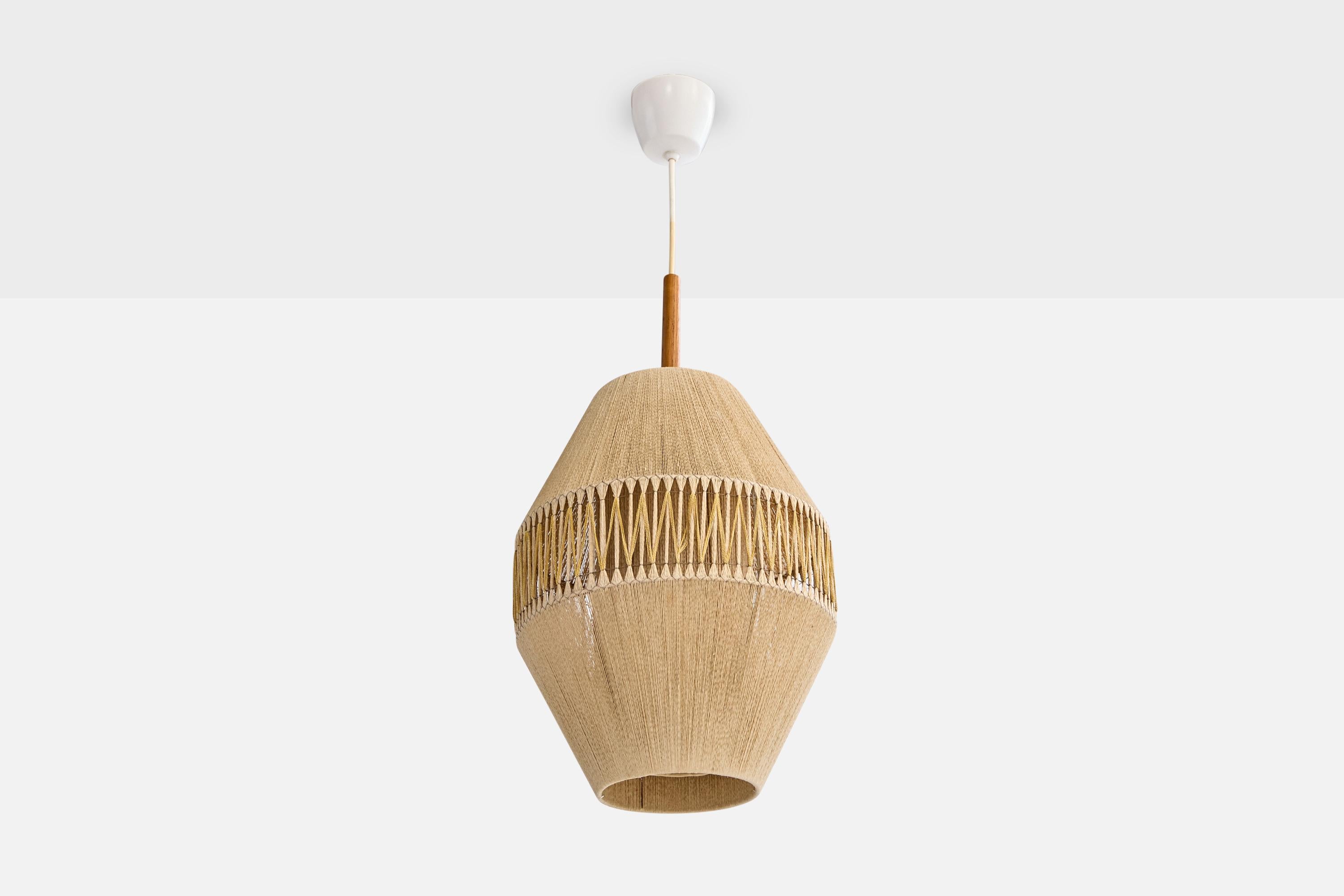 A teak and beige fabric string pendant light designed and produced in Sweden, c. 1960s.

Overall Dimensions (inches): 28.5