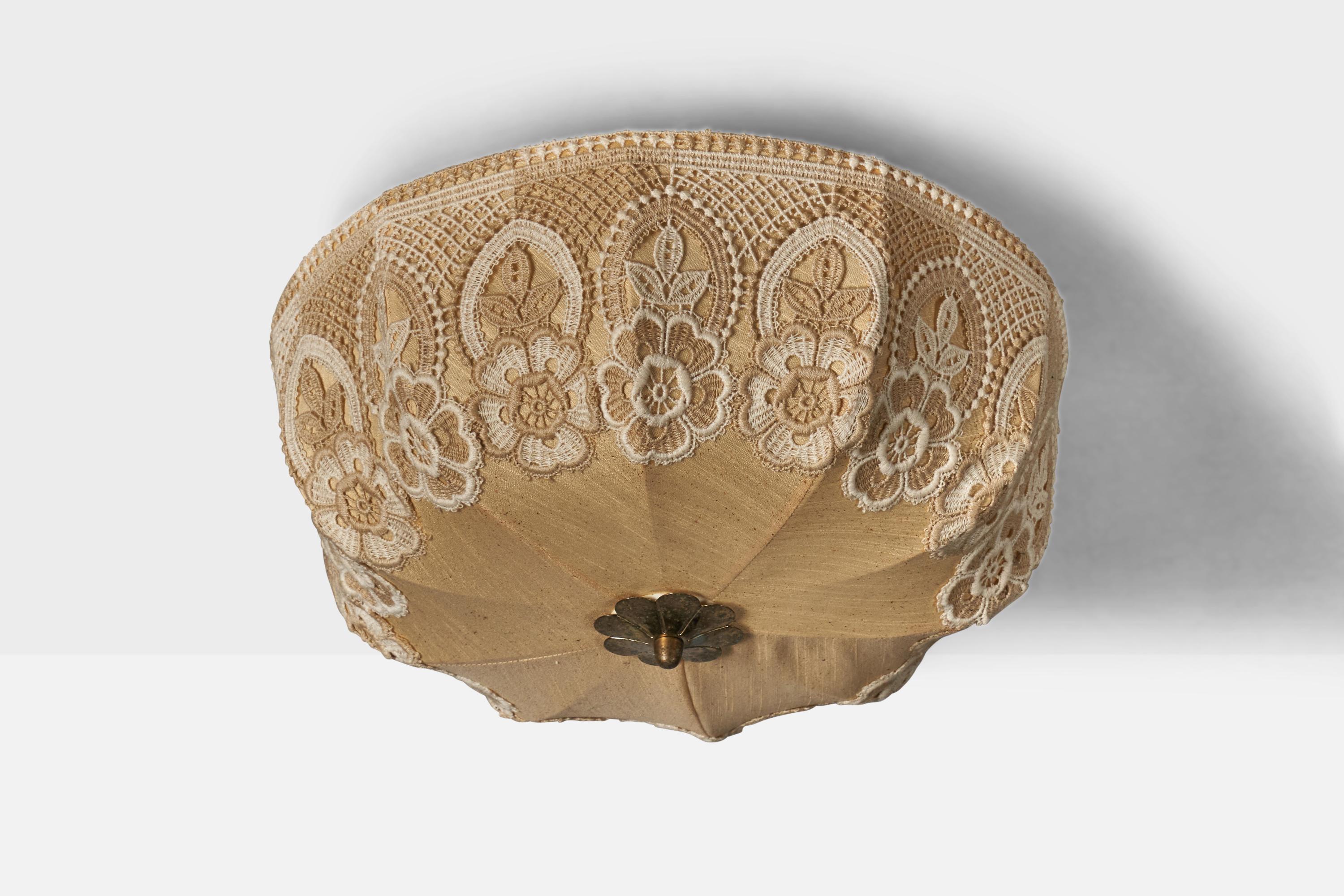 A beige embroidery fabric and brass pendant light designed and produced in Sweden, 1940s.

Overall Dimensions (inches): 10” H x 16” Diameter
Bulb Specifications: E-26 Bulb
Number of Sockets: 2