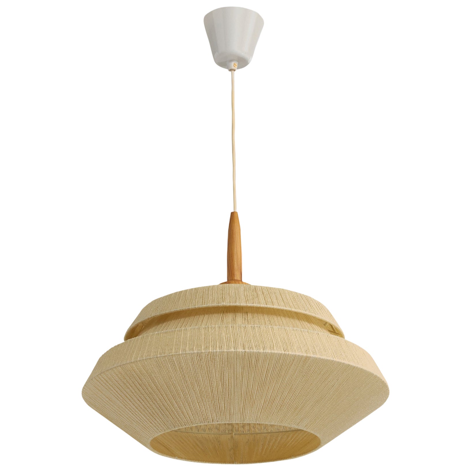Schwedischer Designer, Pendelleuchte, Stoff, Kiefer, Schweden, 1960er Jahre