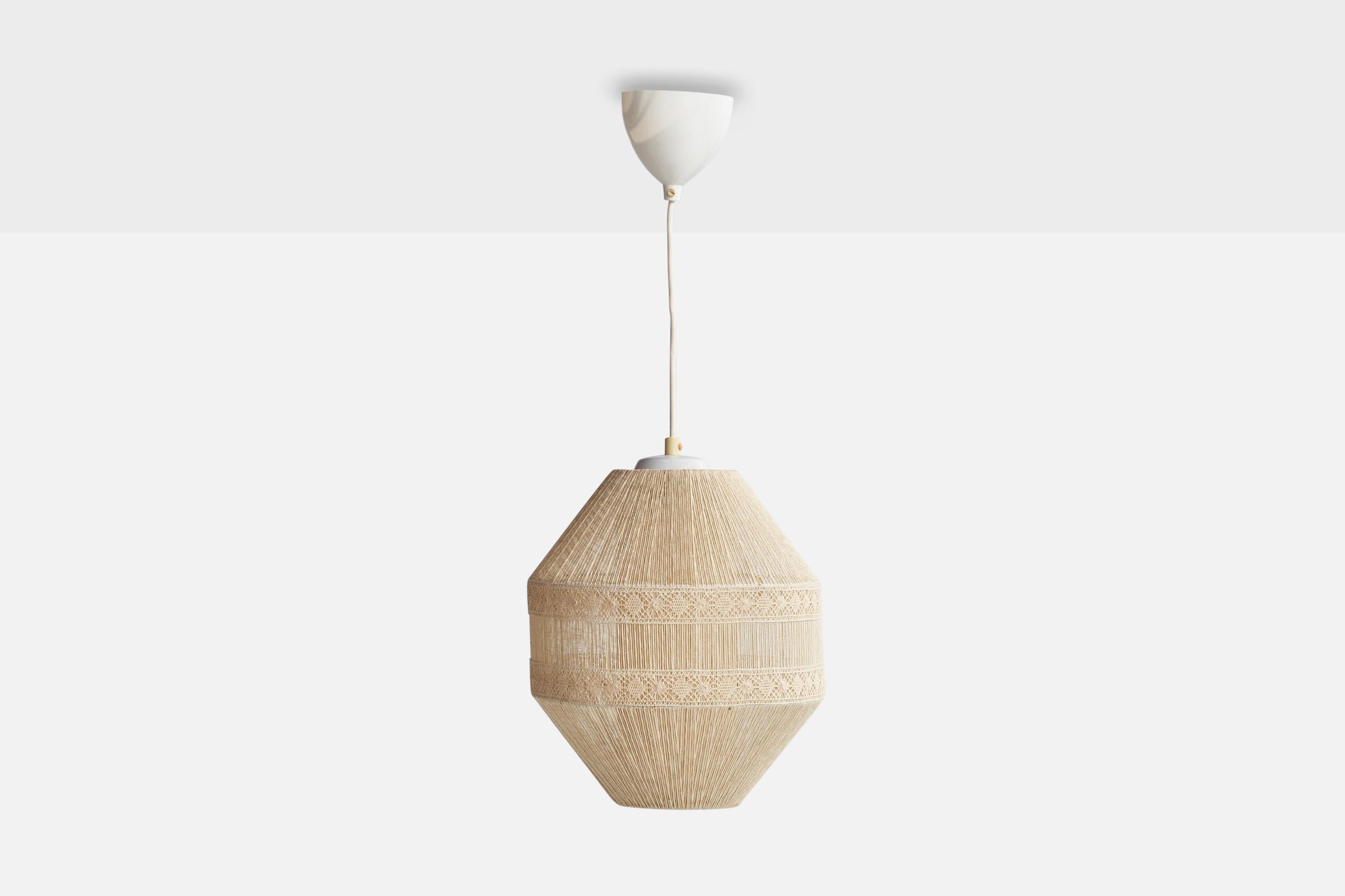 A string fabric pendant light designed and produced in Sweden, 1950s.

Dimensions of canopy (inches): 3.5” H x 3.75”Diameter
Socket takes standard E-26 bulbs. 1 socket.There is no maximum wattage stated on the fixture. All lighting will be converted