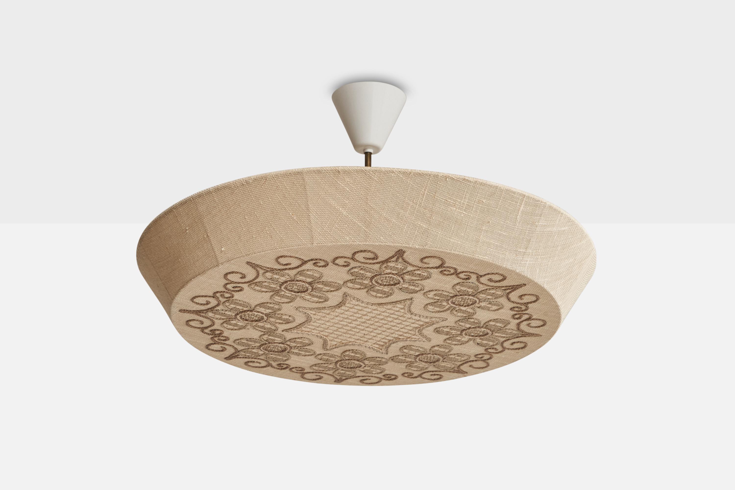 A beige fabric pendant light with hand-embroidery designed and produced in Sweden, c. 1940s.

Dimensions of canopy (inches): 3.4” H x 4.4” Diameter
Socket takes standard E-14 bulbs. 3 sockets.There is no maximum wattage stated on the fixture. All