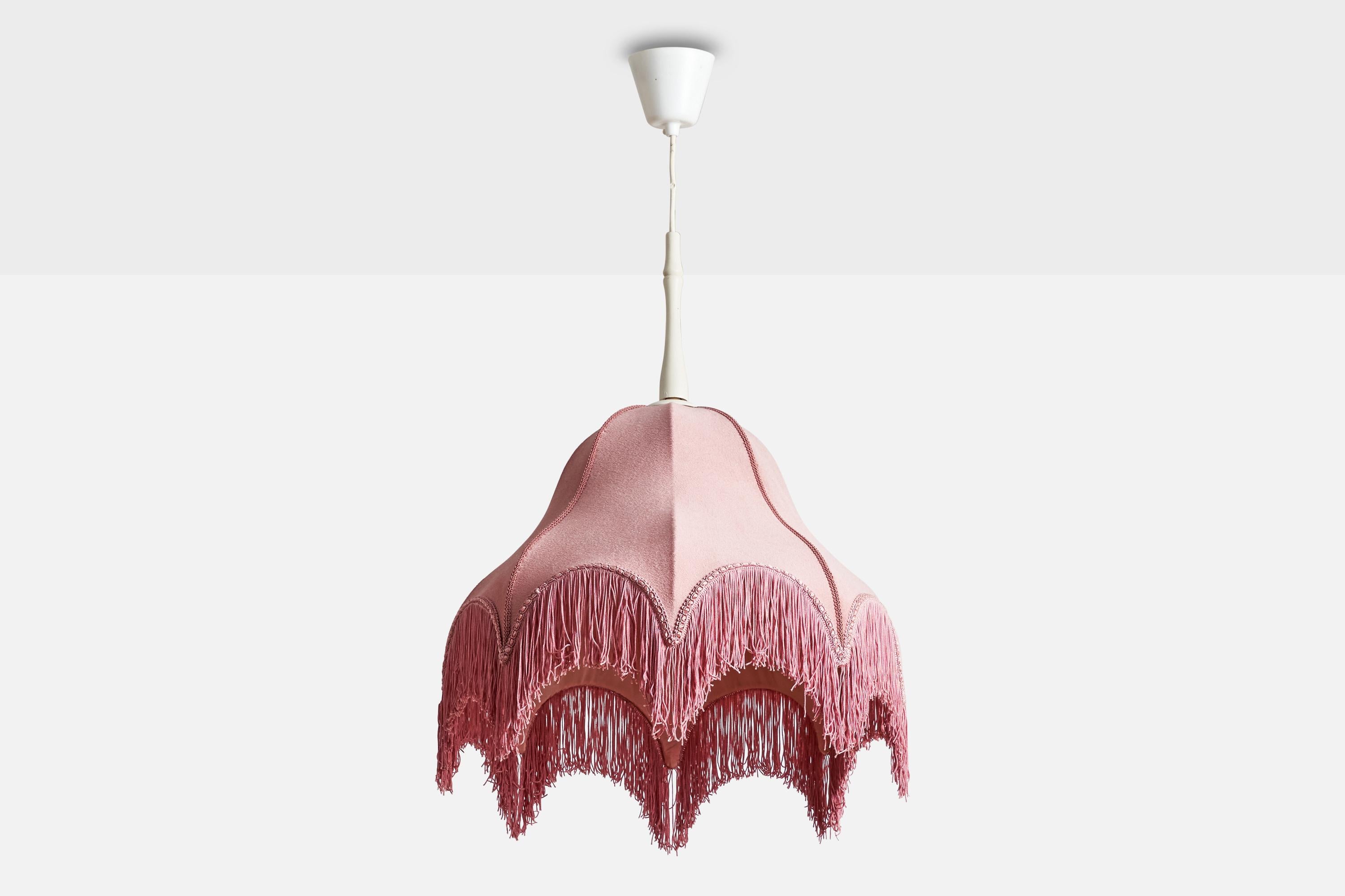 A pink fabric pendant light designed and produced in Sweden, c. 1940s.

Dimensions of canopy (inches): 2.75” H x 3.25” Diameter
Socket takes standard E-26 bulbs. 1 socket.There is no maximum wattage stated on the fixture. All lighting will be