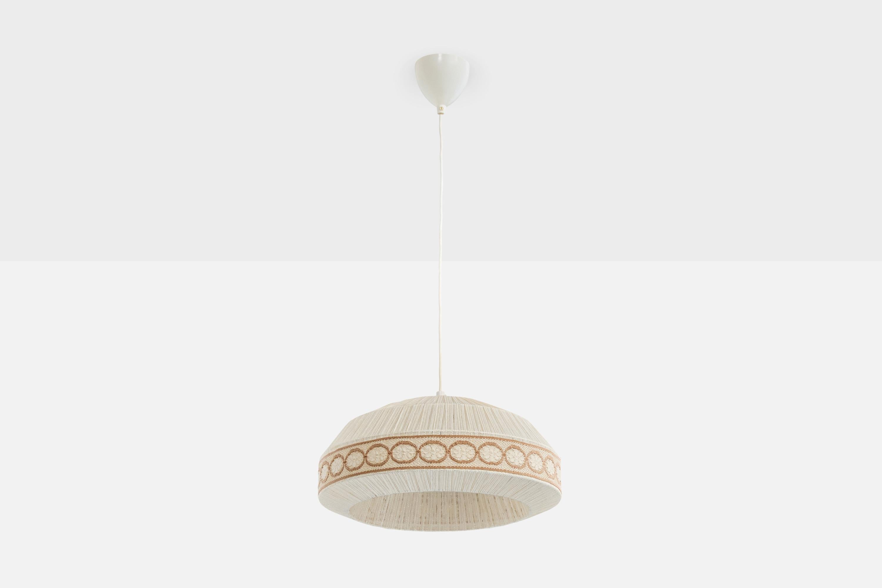 An off-white and brown fabric string pendant light with embroidery decoration designed and produced in Sweden, c. 1970s.

Overall Dimensions (inches): 31.0