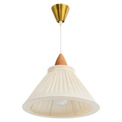Swedish Designer, Pendant Light, Fabric, Teak, Brass, Sweden, 1950s