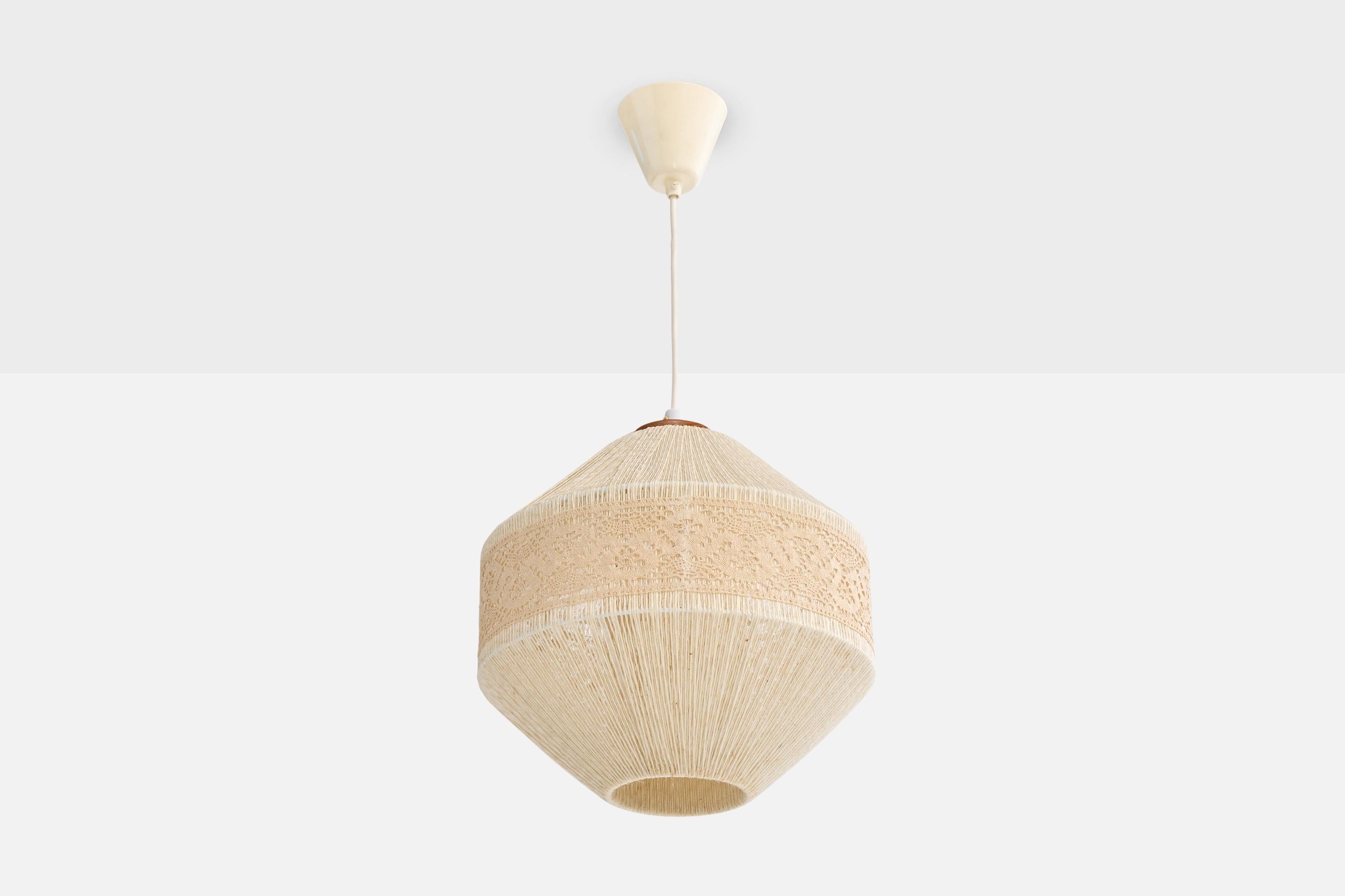 A beige embroidery string fabric and teak pendant designed and produced in Sweden, c. 1960s.

Overall Dimensions (inches): 23.0