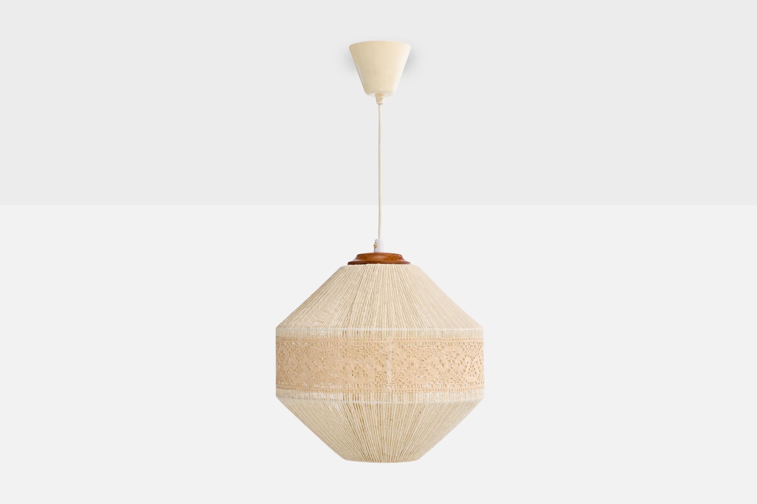 Mid-Century Modern Swedish Designer, Pendant Light, Fabric, Teak, Sweden, 1960s For Sale