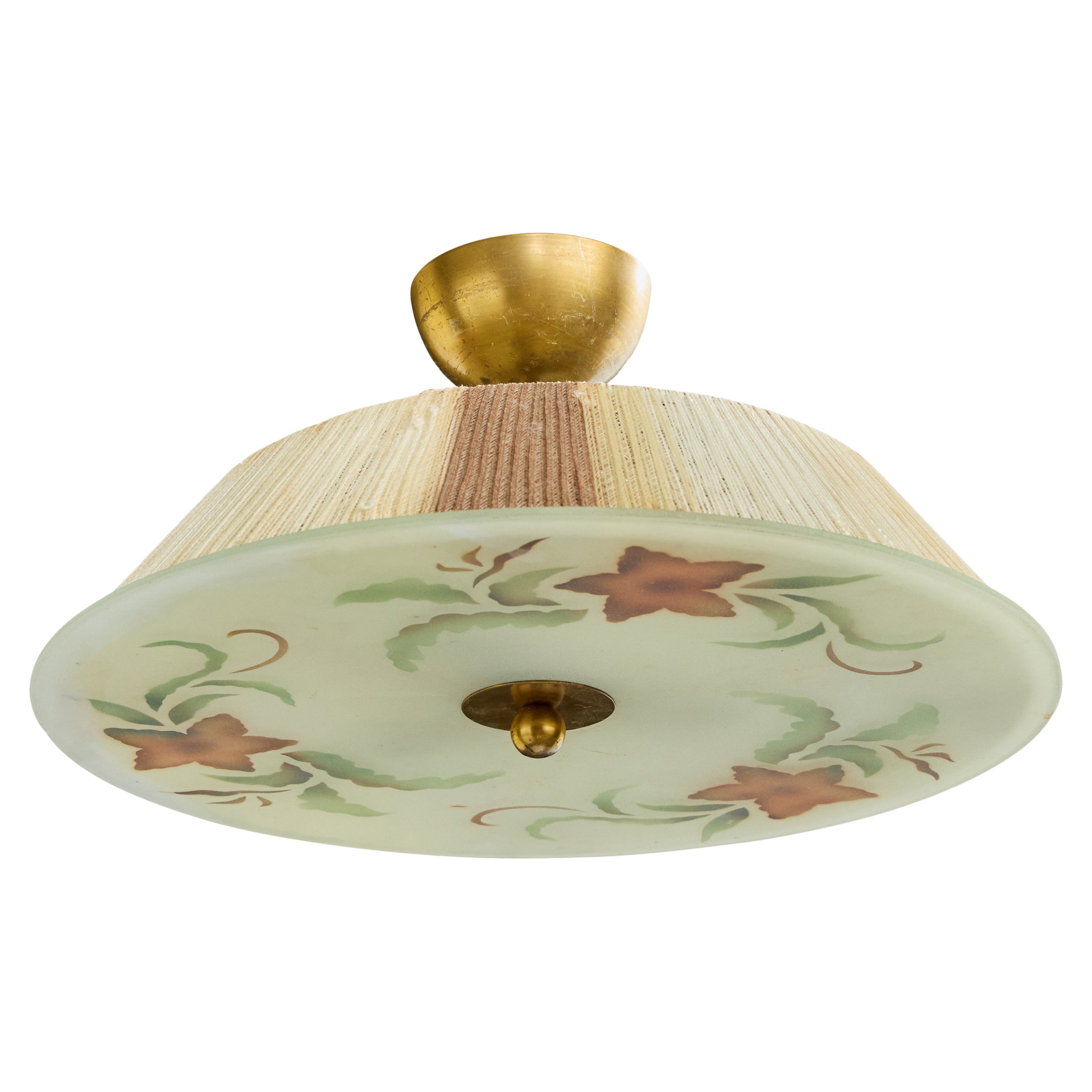 Swedish Designer, Pendant Light, Glass, Brass, Fabric, Sweden, 1930s