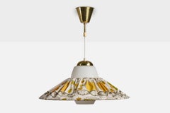 Swedish Designer, Pendant Light, Glass, Brass, Fabric, Sweden, 1950s