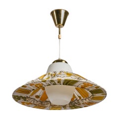 Swedish Designer, Pendant Light, Glass, Brass, Fabric, Sweden, 1950s