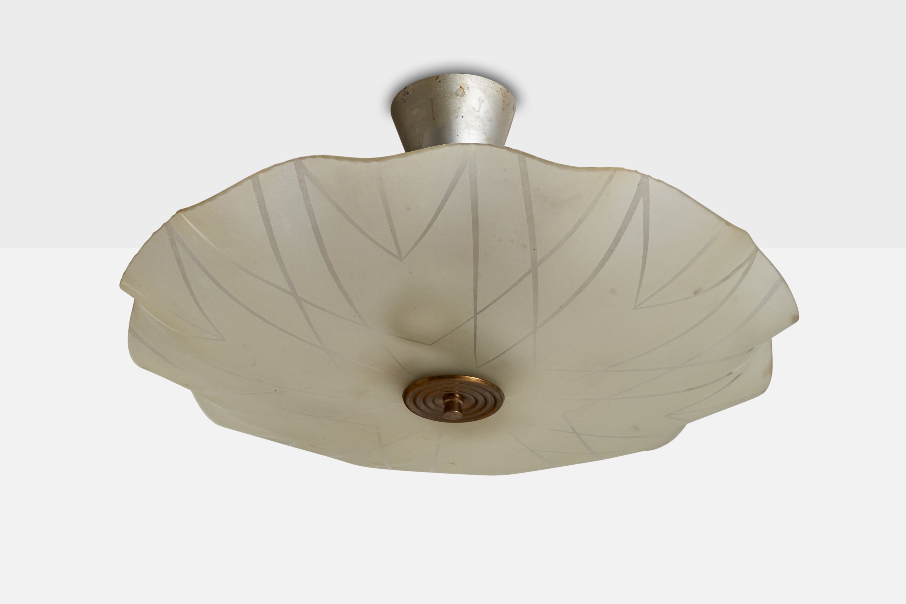 A brass, metal and etched glass pendant light designed and produced in Sweden, c. 1940s.

Dimensions of canopy (inches): 3.66” H x 2.96”Diameter
Socket takes standard E-26 bulbs. 2 socket.There is no maximum wattage stated on the fixture. All