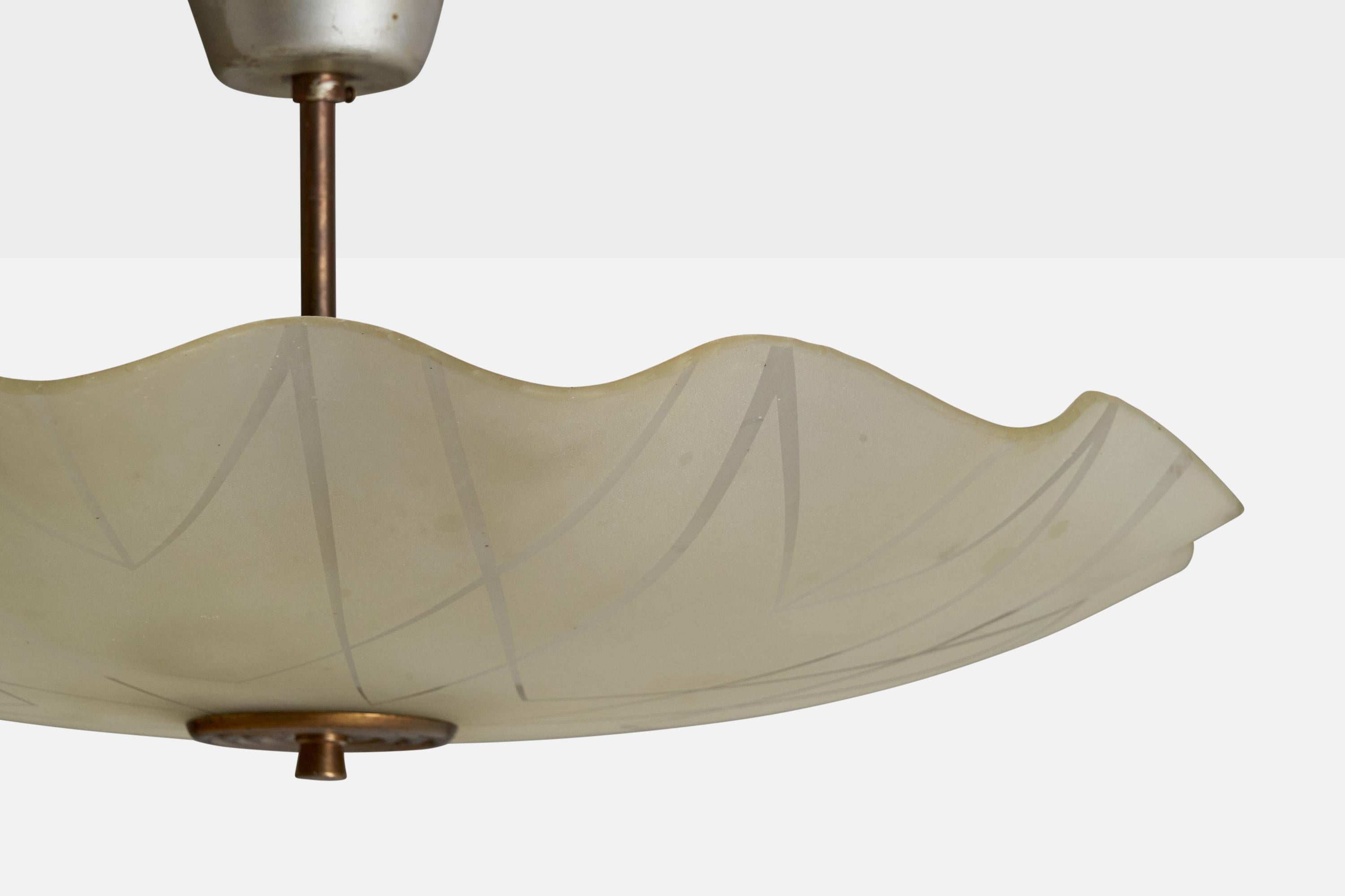 Scandinavian Modern Swedish Designer, Pendant Light, Glass, Brass, Metal, Sweden, 1940s For Sale