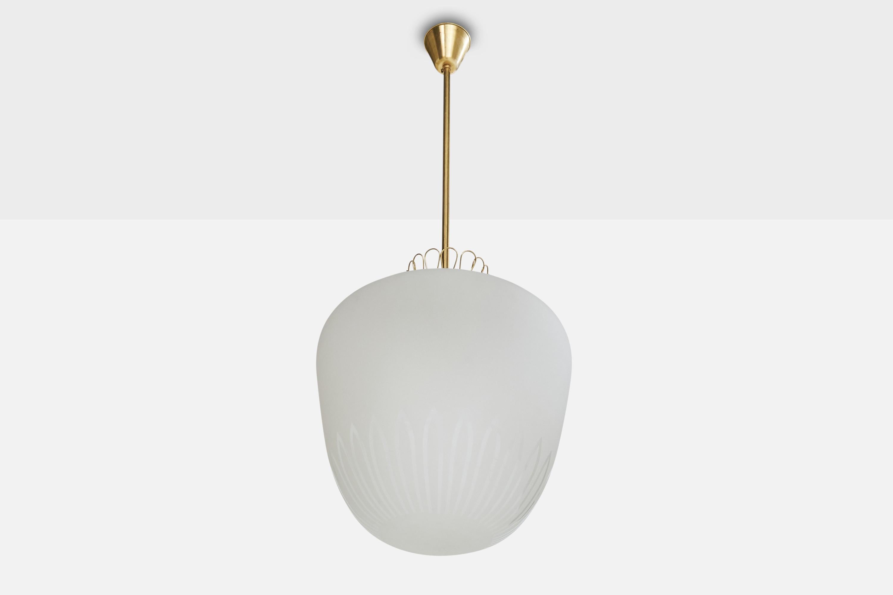 A brass and etched white opaline glass pendant light designed and produced in Sweden, c. 1940s.

Overall Dimensions (inches): 41” H x 16.5” Diameter

Dimensions of Canopy:  3.25“ H x 3.75” Diameter 

Stem length: 22” H

Bulb Specifications: E-26