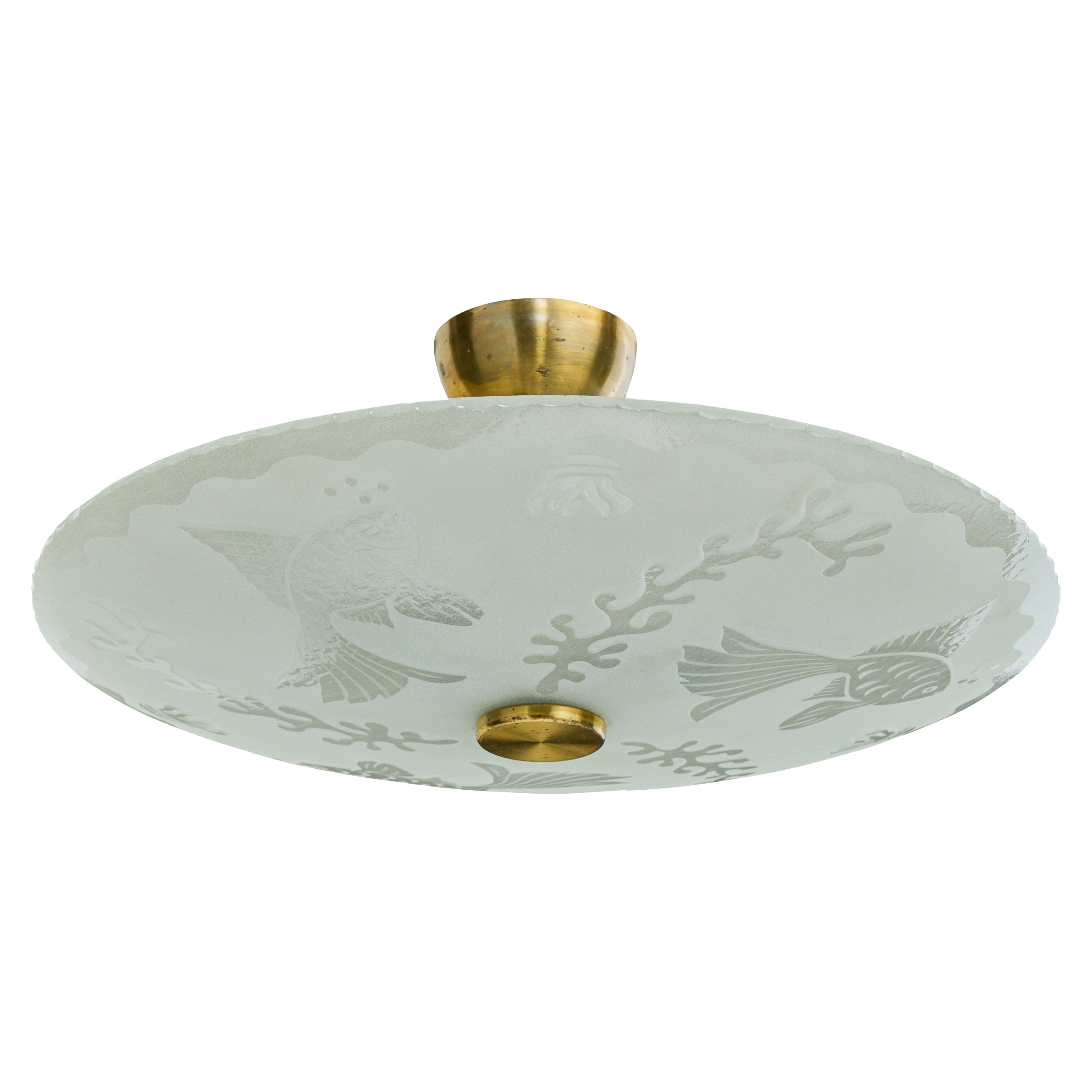 Swedish Designer, Pendant Light, Glass, Brass, Sweden, 1940s